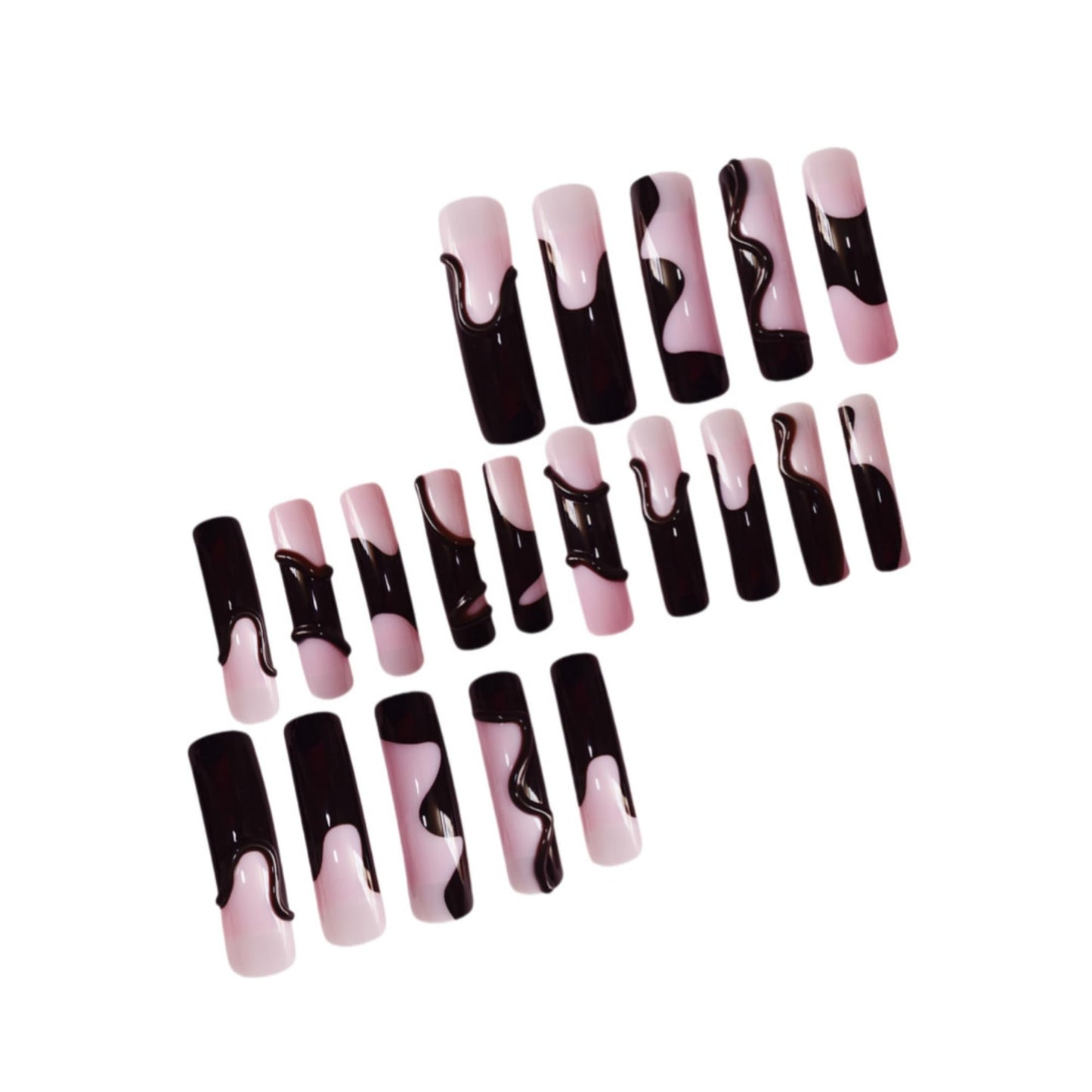 Curved Press on Nails Extra Long Fake Nails Pink Artificial Nail Black Charm Designs Stick on Nail 20pcs