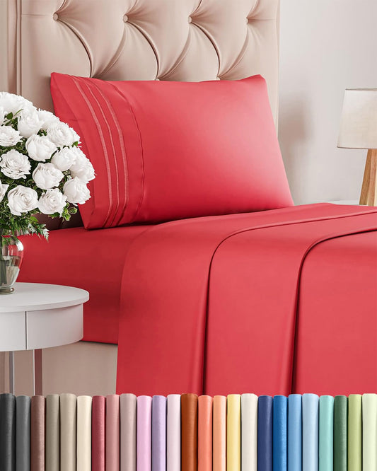 Twin Size 3 Piece Sheet Set - Comfy Breathable & Cooling Sheets - Hotel Luxury Bed Sheets for Women & Men - Deep Pockets, Easy-Fit, Extra Soft & Wrinkle Free Sheets - Red Oeko-Tex Bed Sheet Set