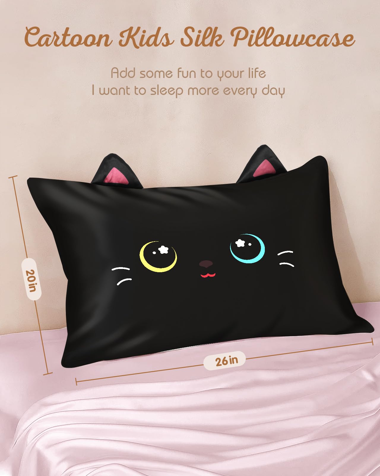 Miss Adola Kids Pillowcases Standard Size 20"x26" - Cute Cartoon Soft Breathable Silk Pillow Cases for Hair and Skin with Hidden Zipper for Women Fun Kawaii Design for Bedding, Black Cat