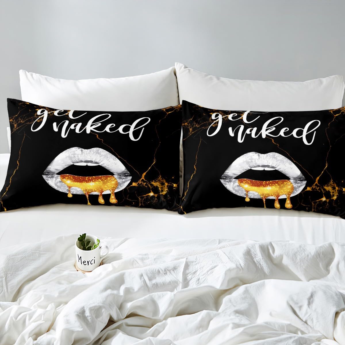 King Size Luxury Black Gold Marble Duvet Cover Boys Girls Sexy Lips Bedding Set For Kids Women Men Get Naked Ultra Soft Comforter Cover Set Funny Quotes Bed Set Modern Bedclothes (No Comforter)