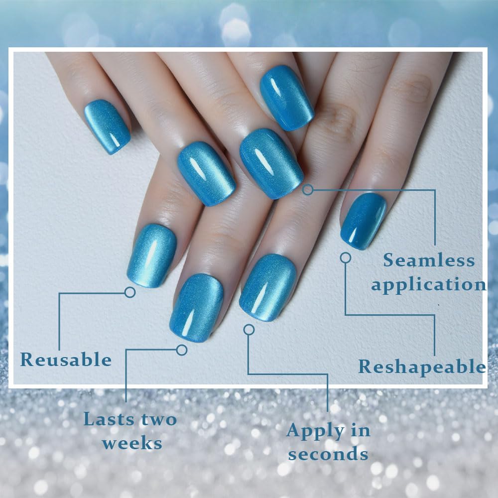 evpct Sky Blue Cat Eye Extra Short Square Press on Nails, Perfectly Fit Short Square Stick on Nails for Women, Glossy Blue Holographic Fake Nails Reusable Gel Press on Acrylic Fake Nail with Designs
