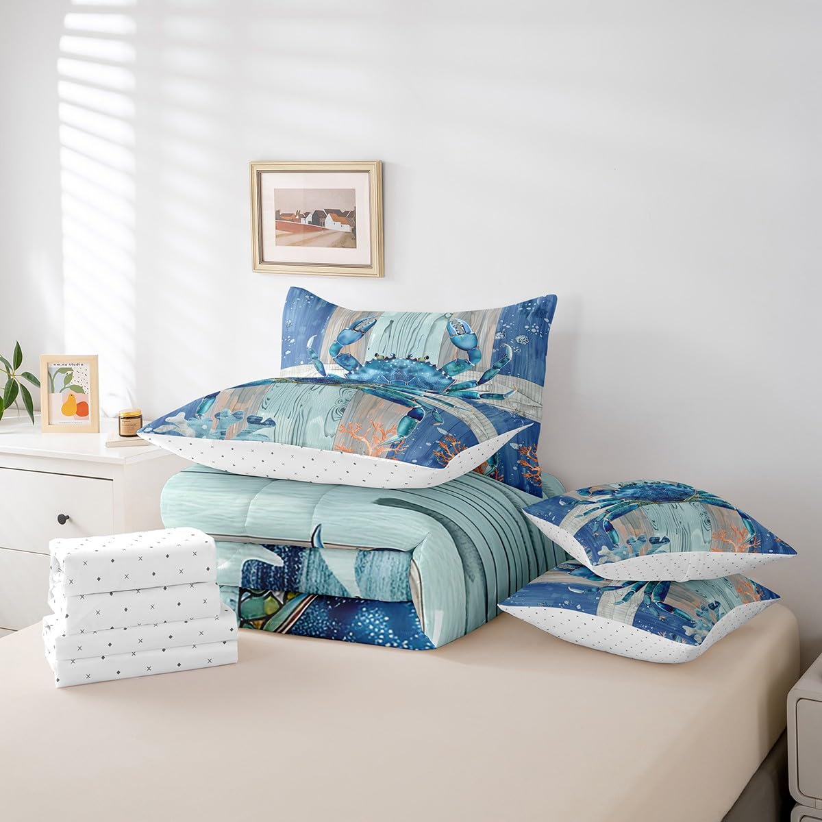 Erosebridal Ocean Crab Comforter Set 7 Piece Bed in a Bag Twin,Under Sea Coral Reptile Bedding Sets Nautical Sea Animal Sheet Set with Comforter,Blue