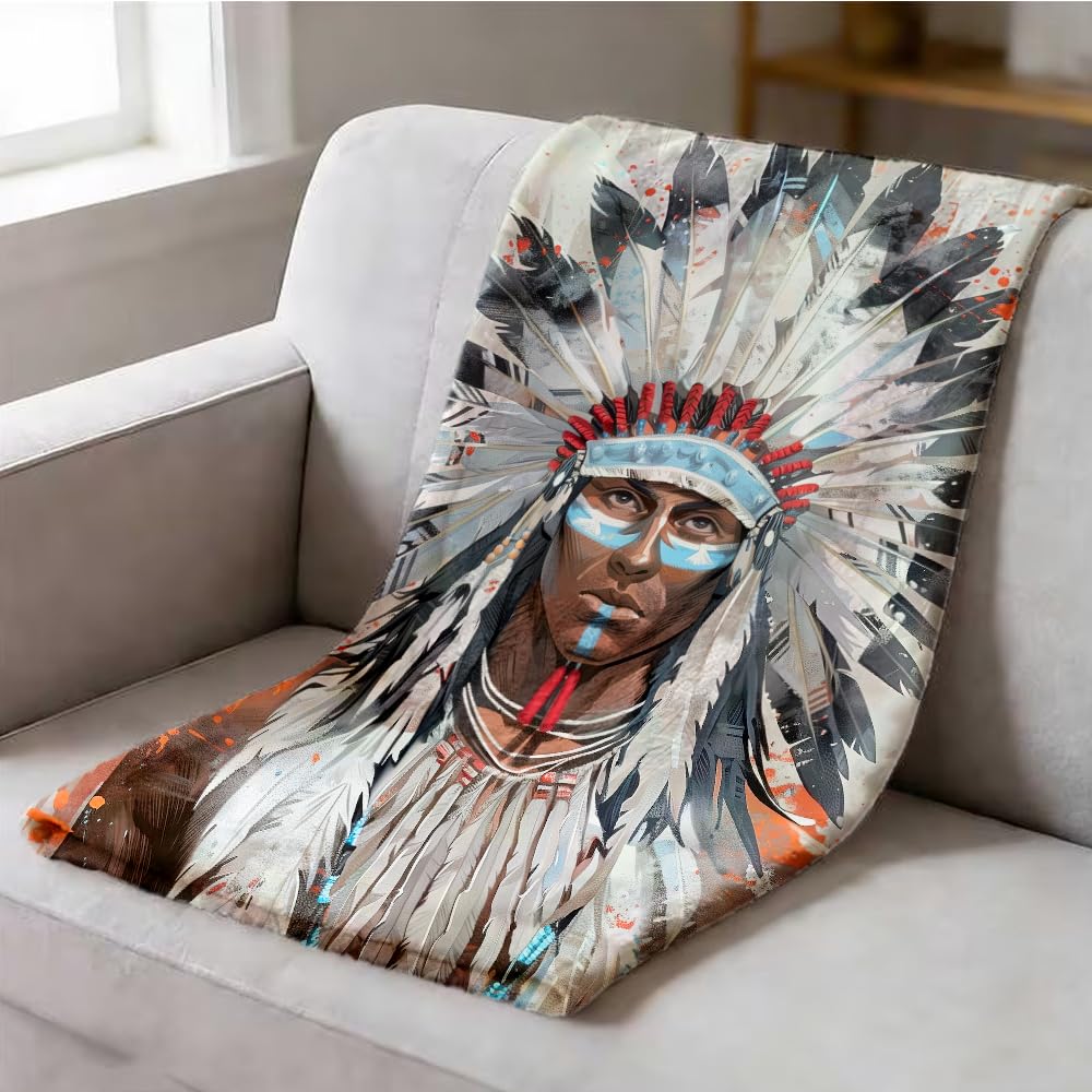 ZHOUSHUTONG Native American Throw Blanket Indian Tribal Chief Print Super Soft Warm Cozy Flannel Blanket for Couch Bedroom Office Southwest Cultural Home Decor Gift 49"x59"