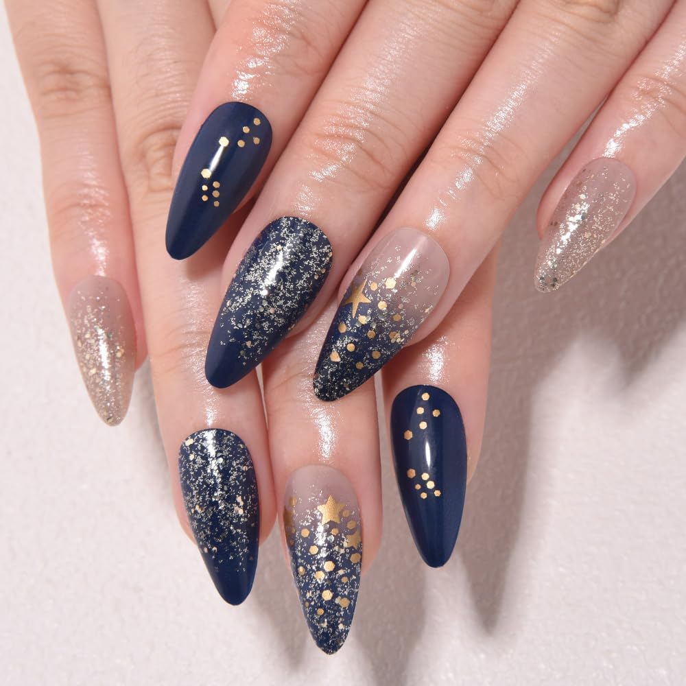 evpct Ombre Blue Press on Nails Medium Almond, Blue Fake Nails with 3D Stars Design, Reusable Perfect Fit Press ons Short False Nail for Women Manicure, Ombre Fake Nail Kit with Kits Gel Stick, 24Pcs