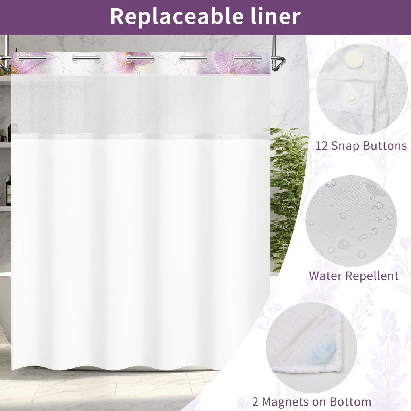 Leowefowa No Hook Shower Curtain and Waterproof Liner Set, Lavender Botanical Bath Curtain, Purple Watercolor Print, Light Fabric Bathroom Curtain with See Through Mesh Top Window, 71x74 Inch