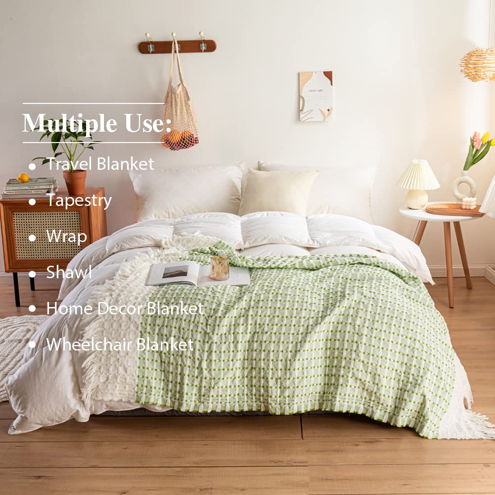 Simple&Opulence 100% Cotton Throw Blanket for Bed, Couch, Yarn Dyed Cable Knitted Jacquard Woven Blanket with Tassels, Soft Lightweight Cozy Breathable Farmhouse Decoration for All-Season(Green)