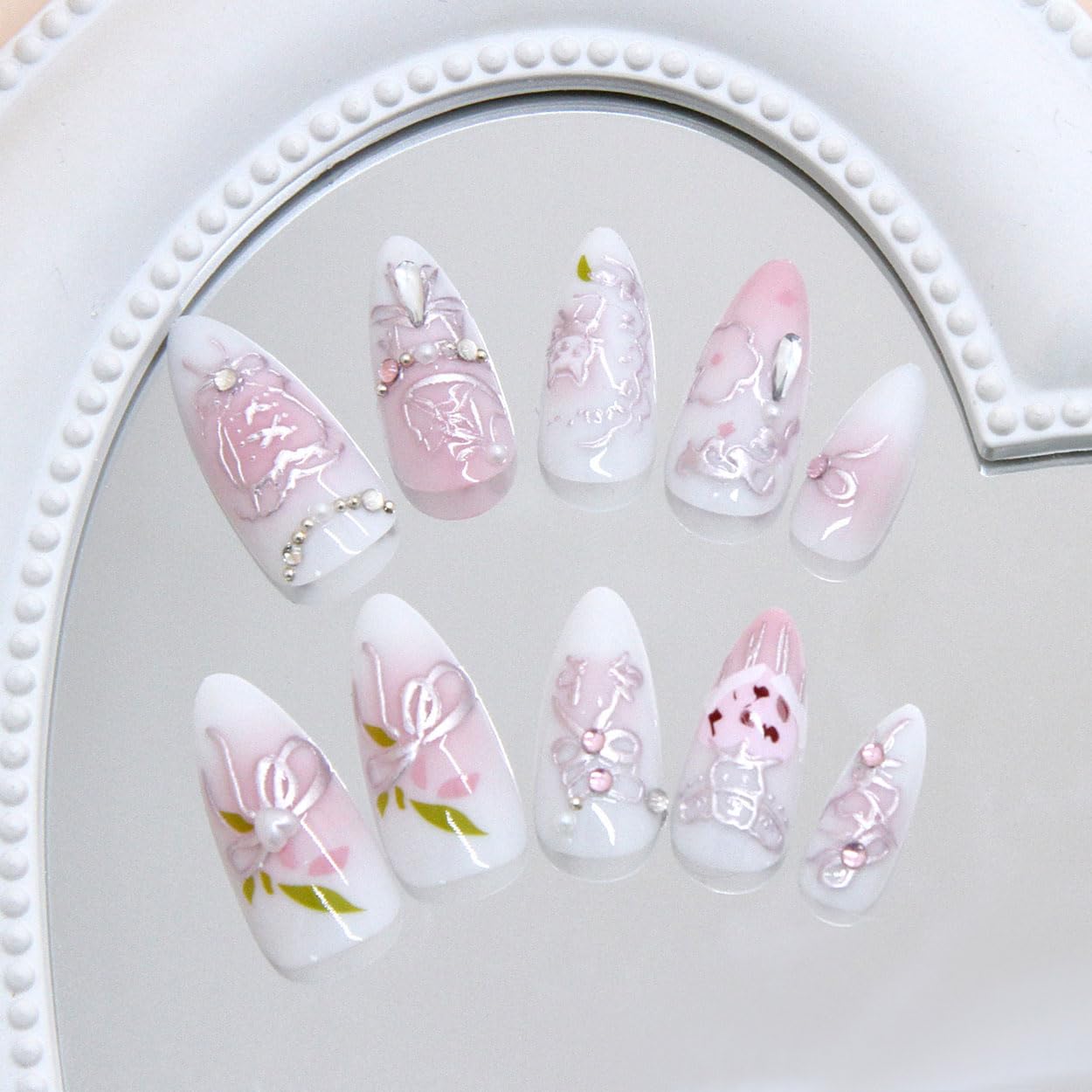Press on Nails Almond Medium White Fake Nails French Tip False Nails Press ons with Flower Bow Design Glue on Nails Artificial Acrylic Nail Art Glossy Full Cover Stick on Nail Supplies for Women 24Pcs