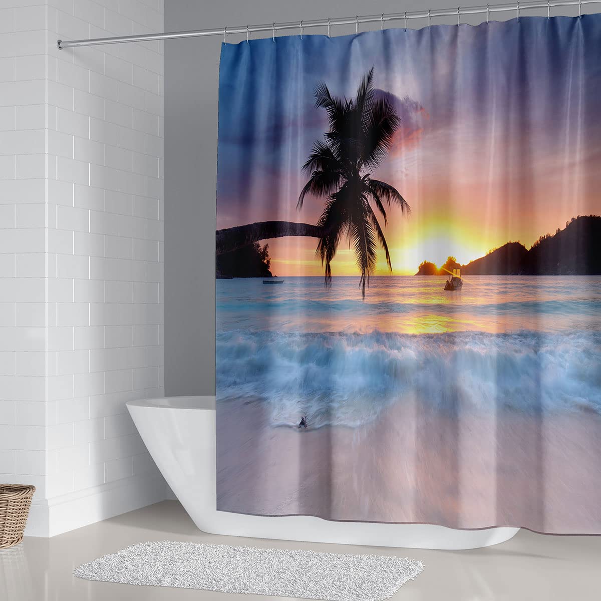 DDS-DUDES Beach Sunset Shower Curtain for Bathroom, Ocean Sunrise Tropical Palm Tree Scenery Waterproof Polyester Curtains 71WX71H Inch 12 Pack Hooks (Sunset 5)