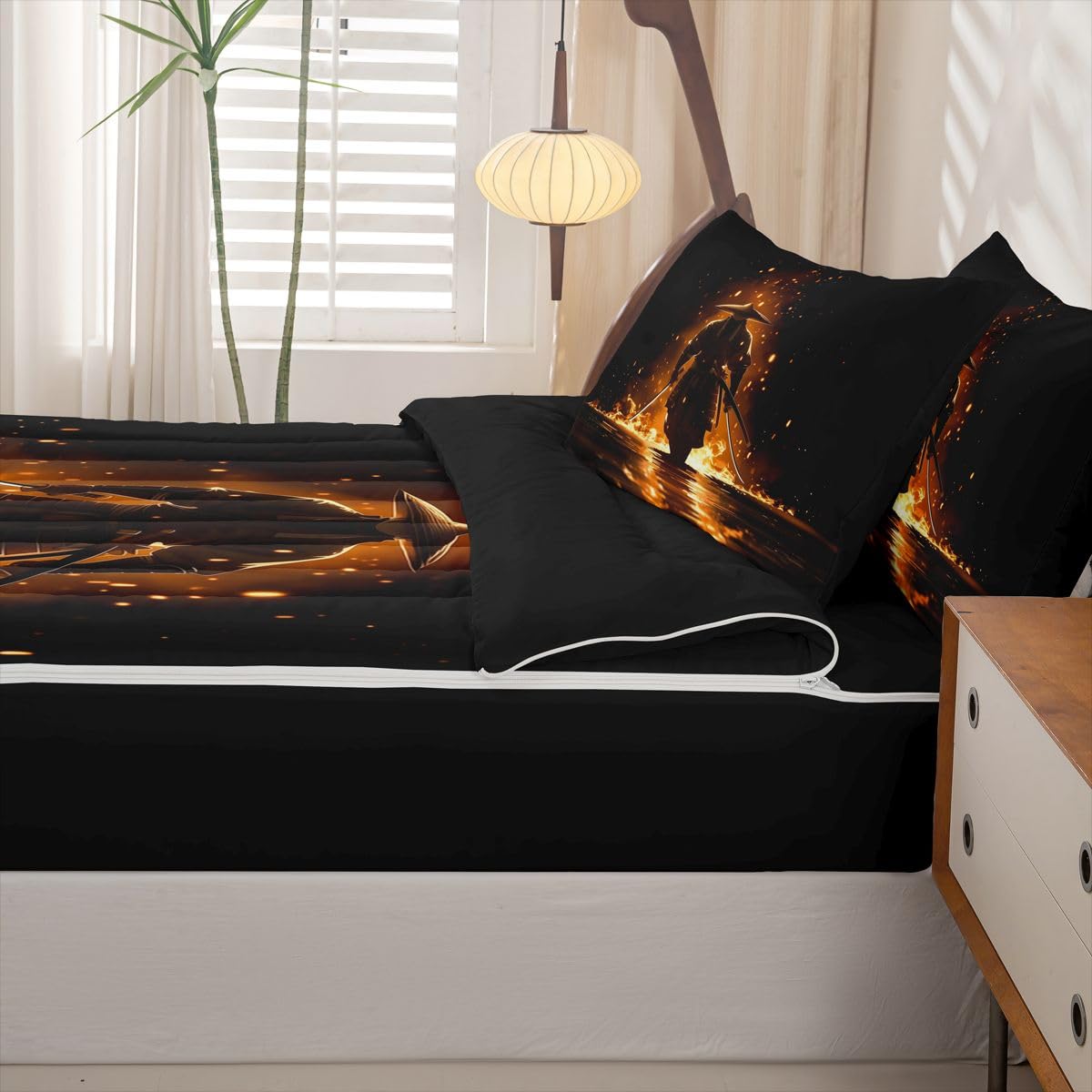 Erosebridal Japanese Samurai Kids Comforter Set with Zipper, Japan Warrior Twin Size Zipper Bedding Set, Japanese Spirit Bed-in-A-Bag