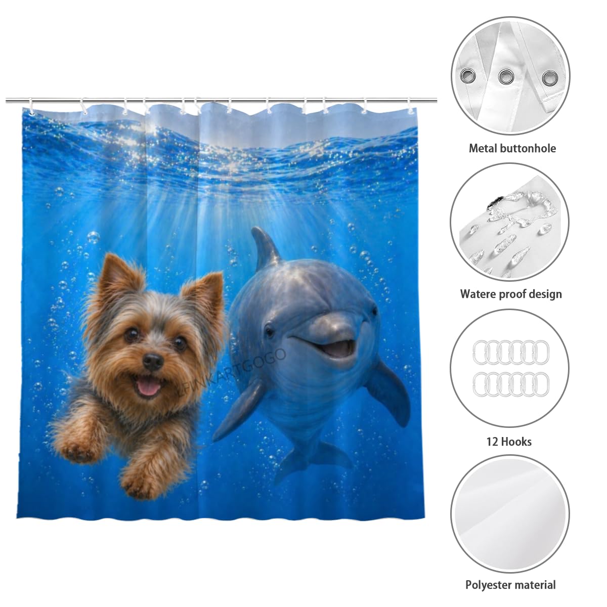 LFINKARTGOGO Ocean Yorkshire Terrier Shower Curtain 72x72 with 12 Hooks Underwater Animal Dolphin Waterproof Washable Polyester Bath Curtain for Home Hotel Decor