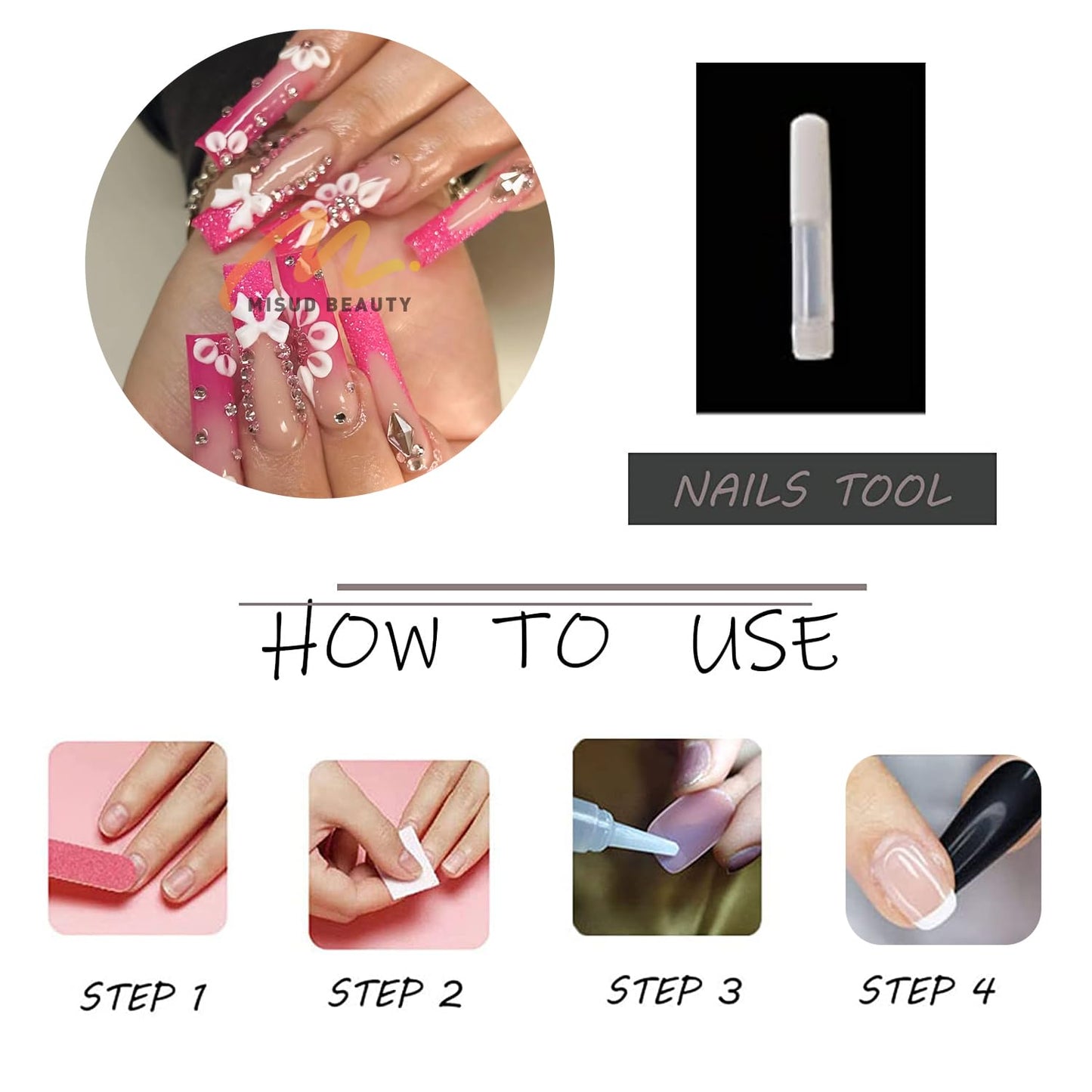 MISUD Press on Nails - Long Square Glue on Nails with Hot Pink, Acrylic Bling Glitter Rhinestone Design 24 pcs