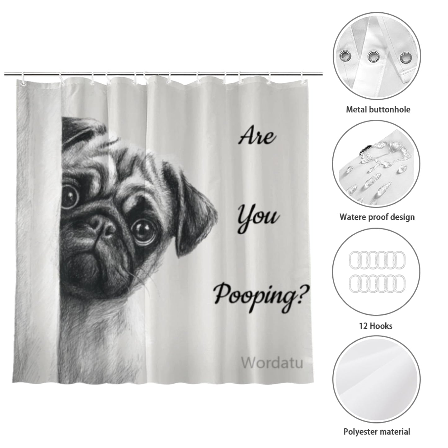 Wordatu Pug-Dog Shower Curtain Bathroom Set 72x72 Inches are You Pooping Bath Animal Bath Animal Pet Dog Art Home Decor 12 Hooks