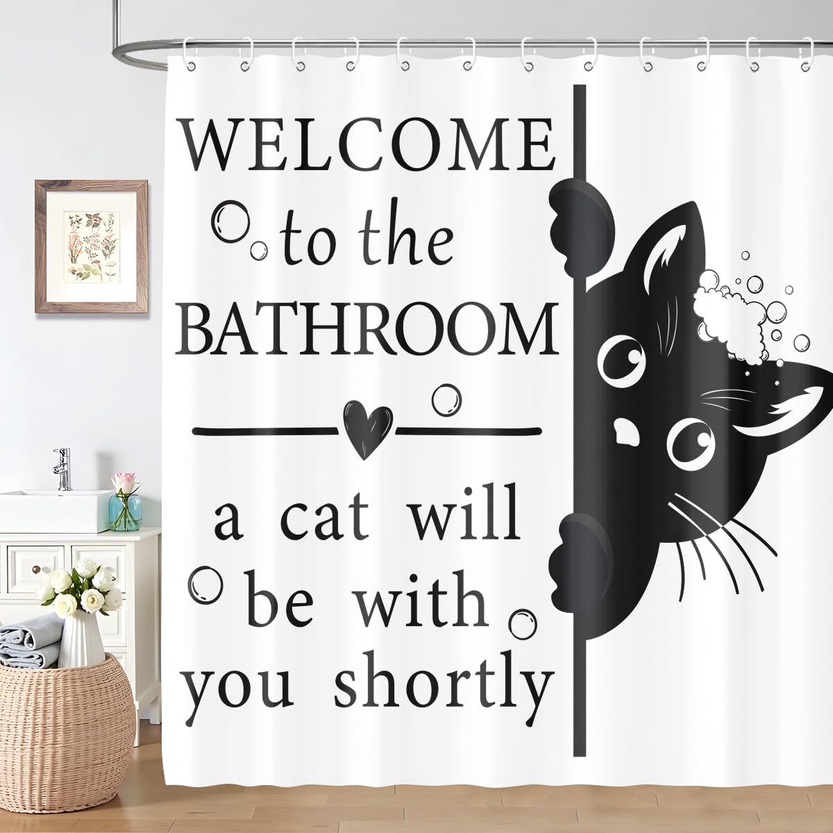 BIYSUC Funny Cat Shower Curtain Cat Lovers Welcome to Bathroom Cute Animal Home Decor Waterproof Polyester Fabric 72Lx72W Inch with Plastic Hooks