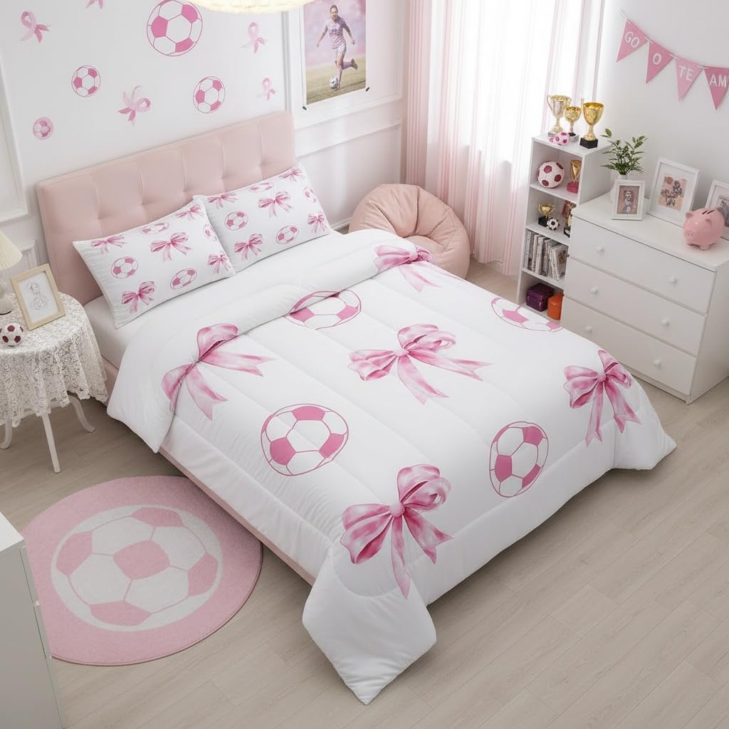 Football Sport Full Size Comforter Sets for Kids,Pink Bow Ball Pattern Bedding Sets Youth Women Teens Child Bedroom Decor,Cartoon Bowknot Soccer 3 PCS Quilt Set,Pink White Girly Duvet Insert