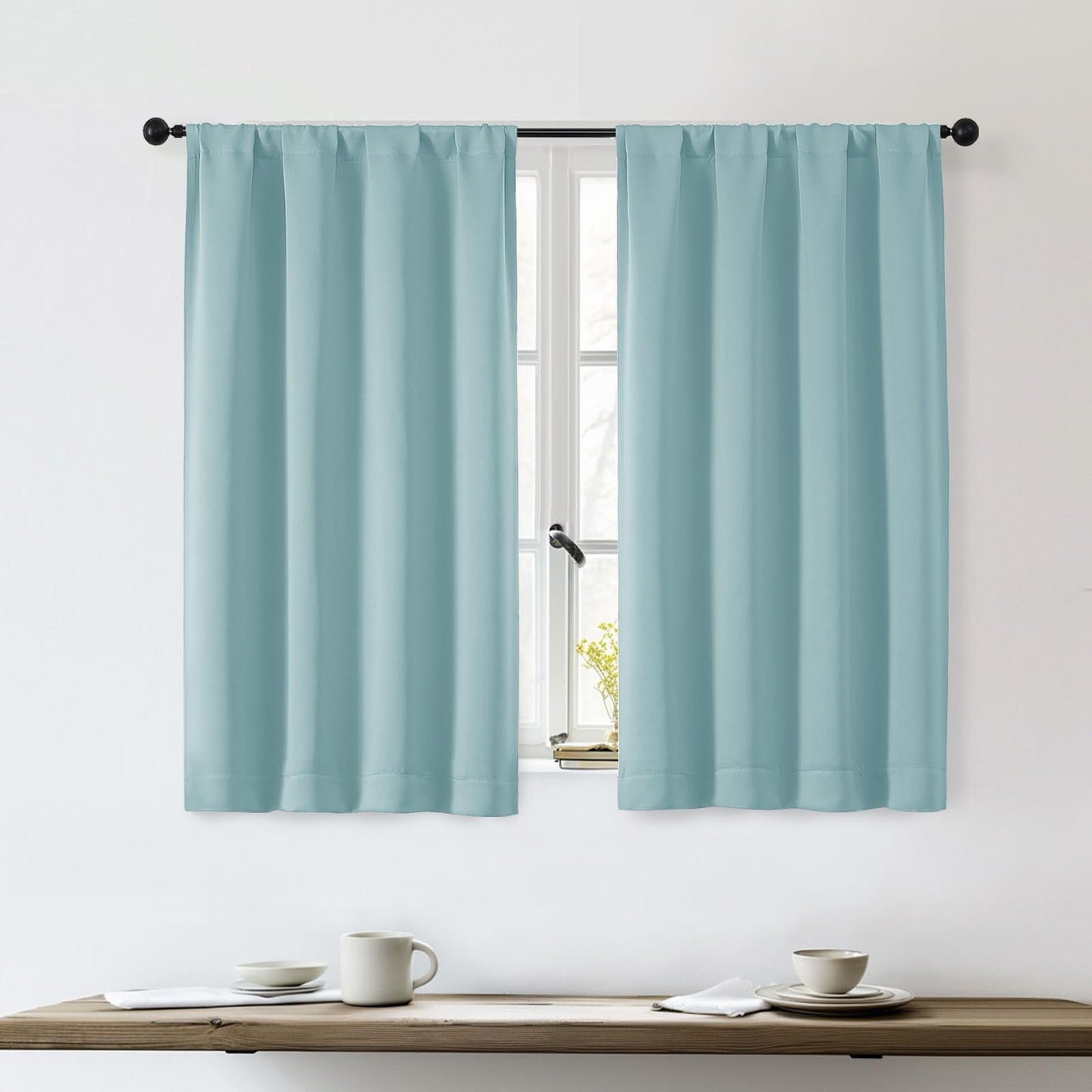 OWENIE Sally Aqua Short Blackout Curtains for Bedroom Living Room 45 Inch Length 2 Panels Set, Solid Energy Saving Insulated Bathroom Window Treatment Curtains Blackout Drapes, 2 Pcs W40 x L45
