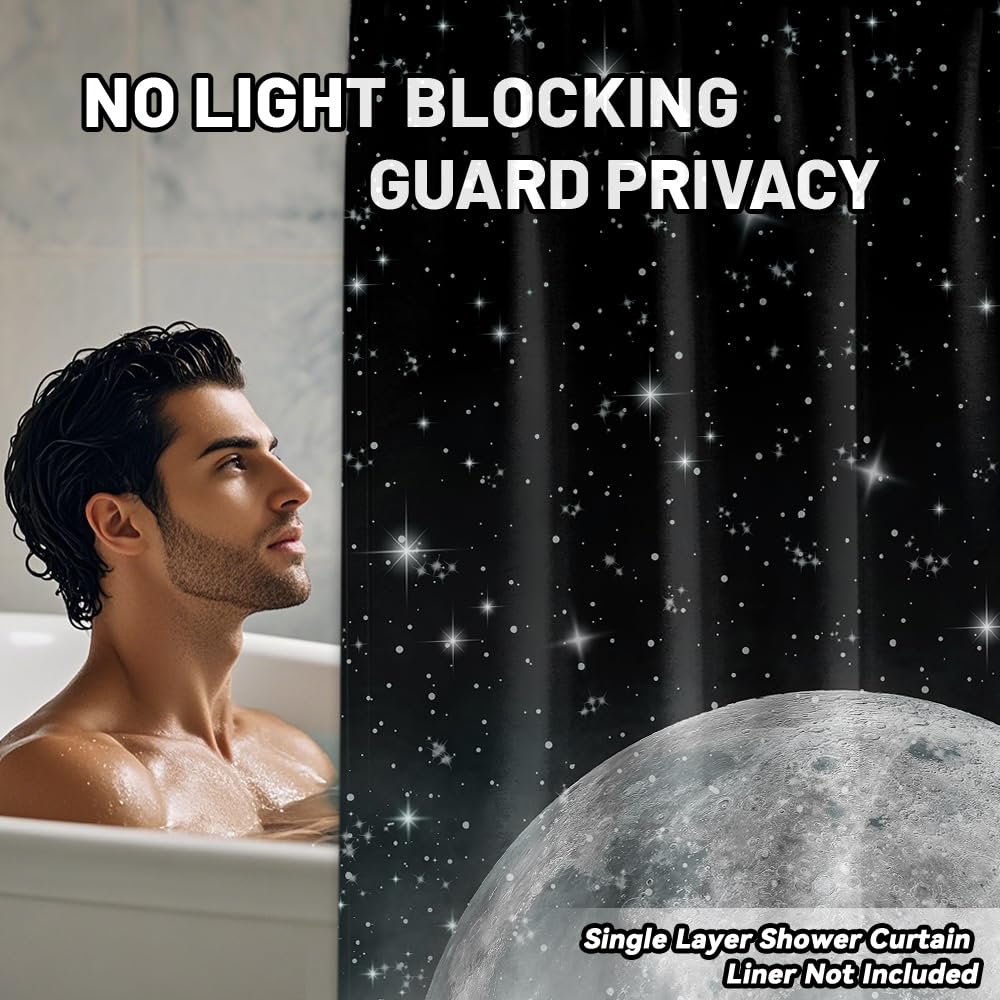 Tonmue Star Moon Shower Curtain Space Night Sky Galaxy Black and White Shower Curtains for Bathroom Decor, Waterproof Cloth Fabric with Hooks 70" W x 72" L