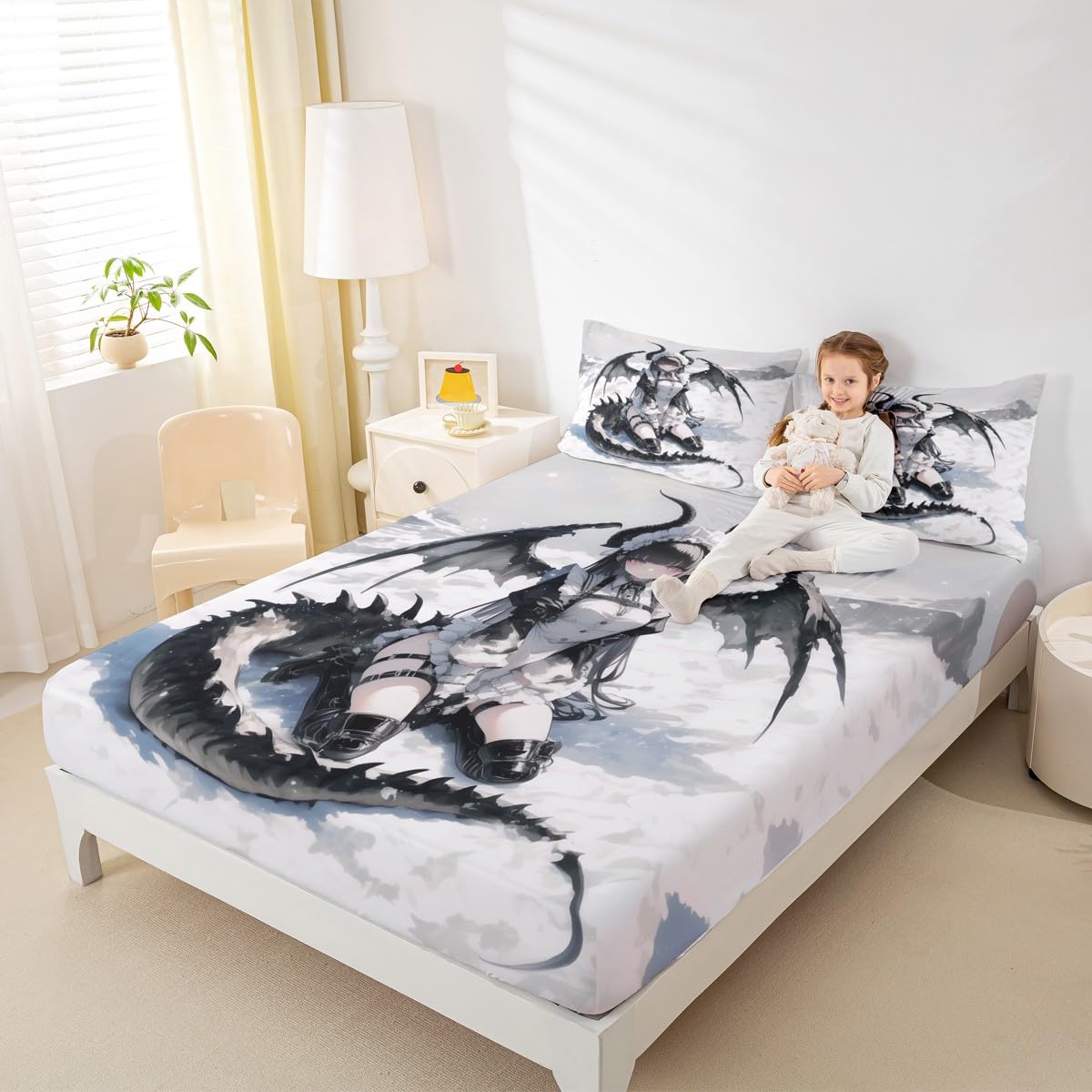 Erosebridal Anime Girl Bed Sheets Full, Japanese Anime Bedding Set for Kids Girls Teens Women Bedroom, Cartoon Girl Fitted Sheet Japanese Animation Sci Fi Style Sheets,2 Pillow Cases