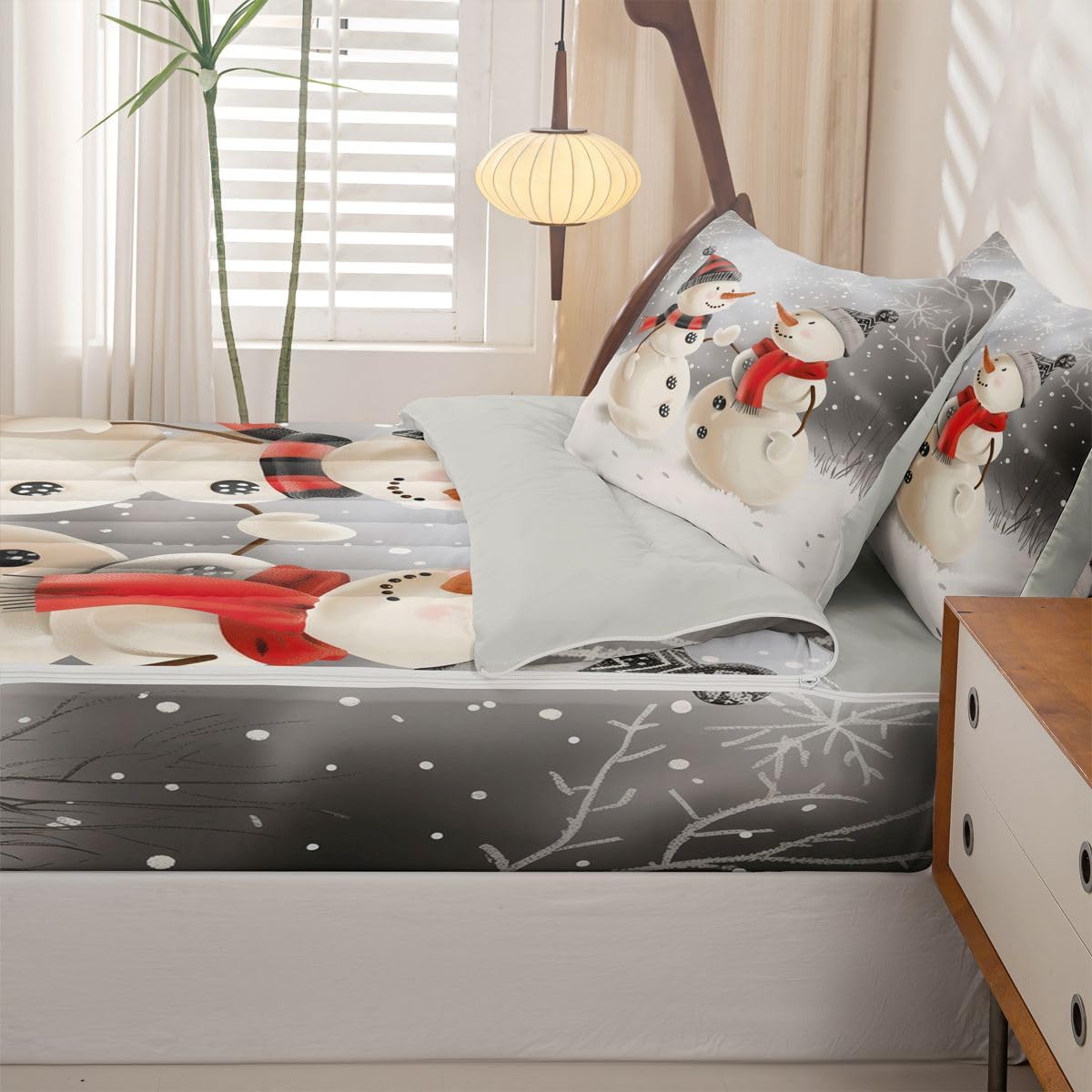 Erosebridal Cartoon Snowman Zippable Bedding, Xmas Twin Size Comforter Set, Cute Print Sheets and Pillowcases, New Year Zipper Bedding Set Room Decor