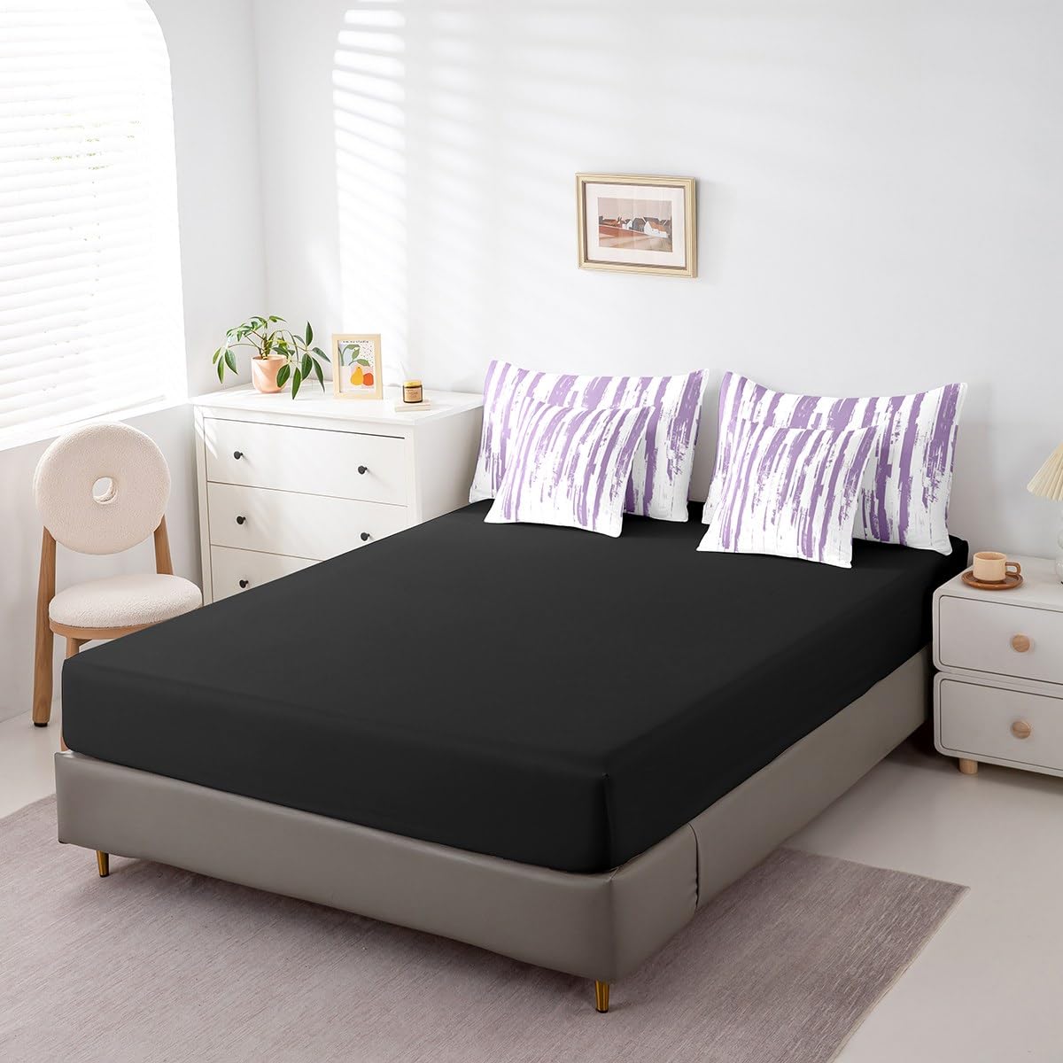 Erosebridal 7Pcs Lavender White Boho King Comforter Set,Geometric Stripes Striped Abstract Bed in A Bag for Women Men Adults Teens,Modern Art Aesthetic Violet Purple Ink Quilt Set with Pillowcases