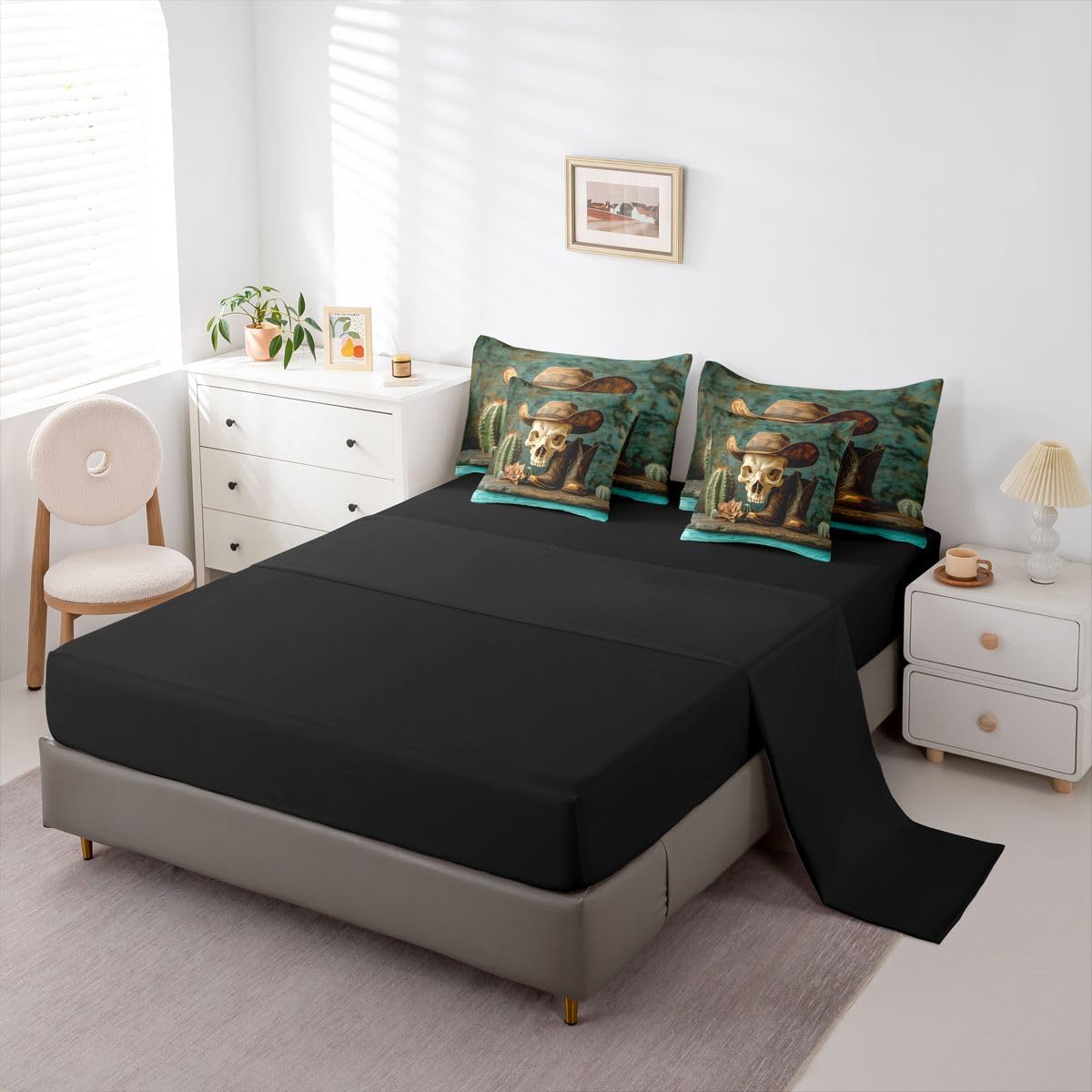 Erosebridal Cowboy Hat 7 Piece Bedding Set Queen Sugar Skull Comforter Set with Sheets Withered Flower Boots Cactus Farmhouse Bed in a Bag Western Theme Bronze Boho for Teens Men Women