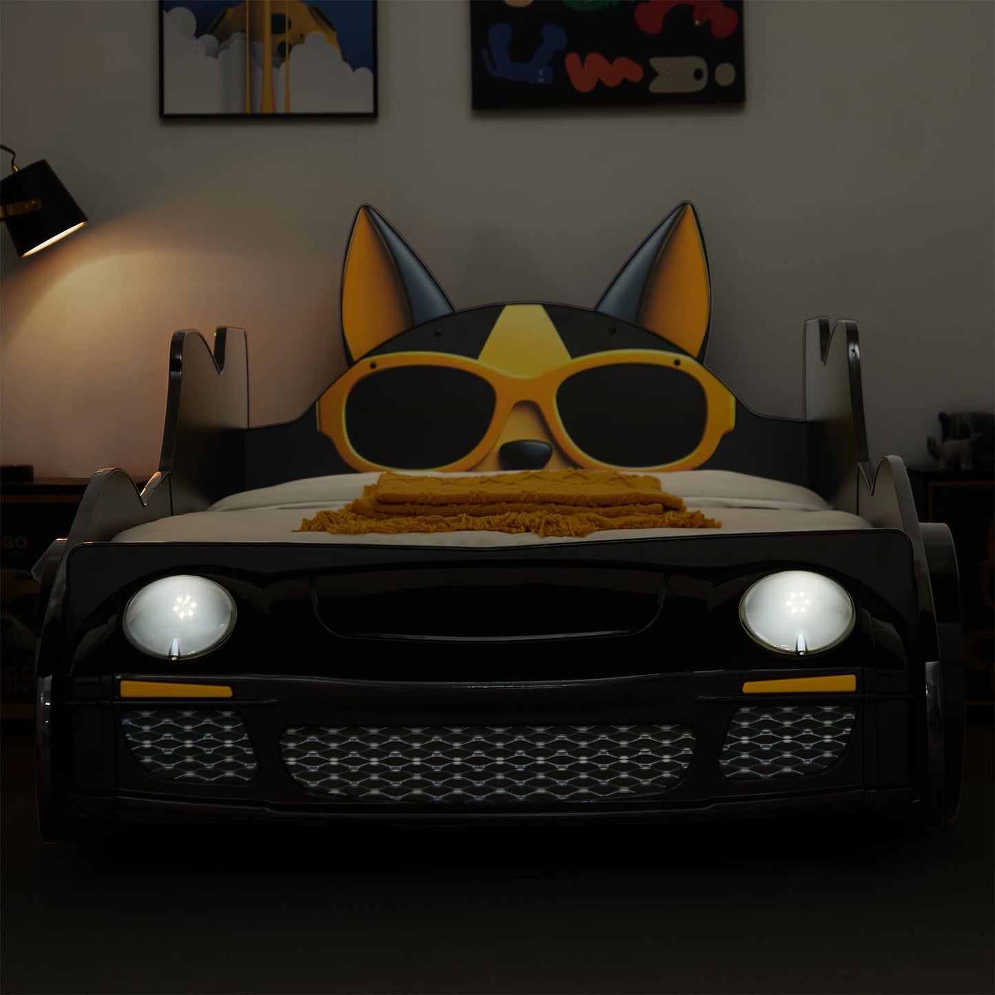 LKTART Twin Size Car Bed for Kids, Cartoon Dog Race Car-Shaped Wooden Platform Bed Frame with Headboard Wheels, LED Lights and Support Slats for Boys Toddlers Child