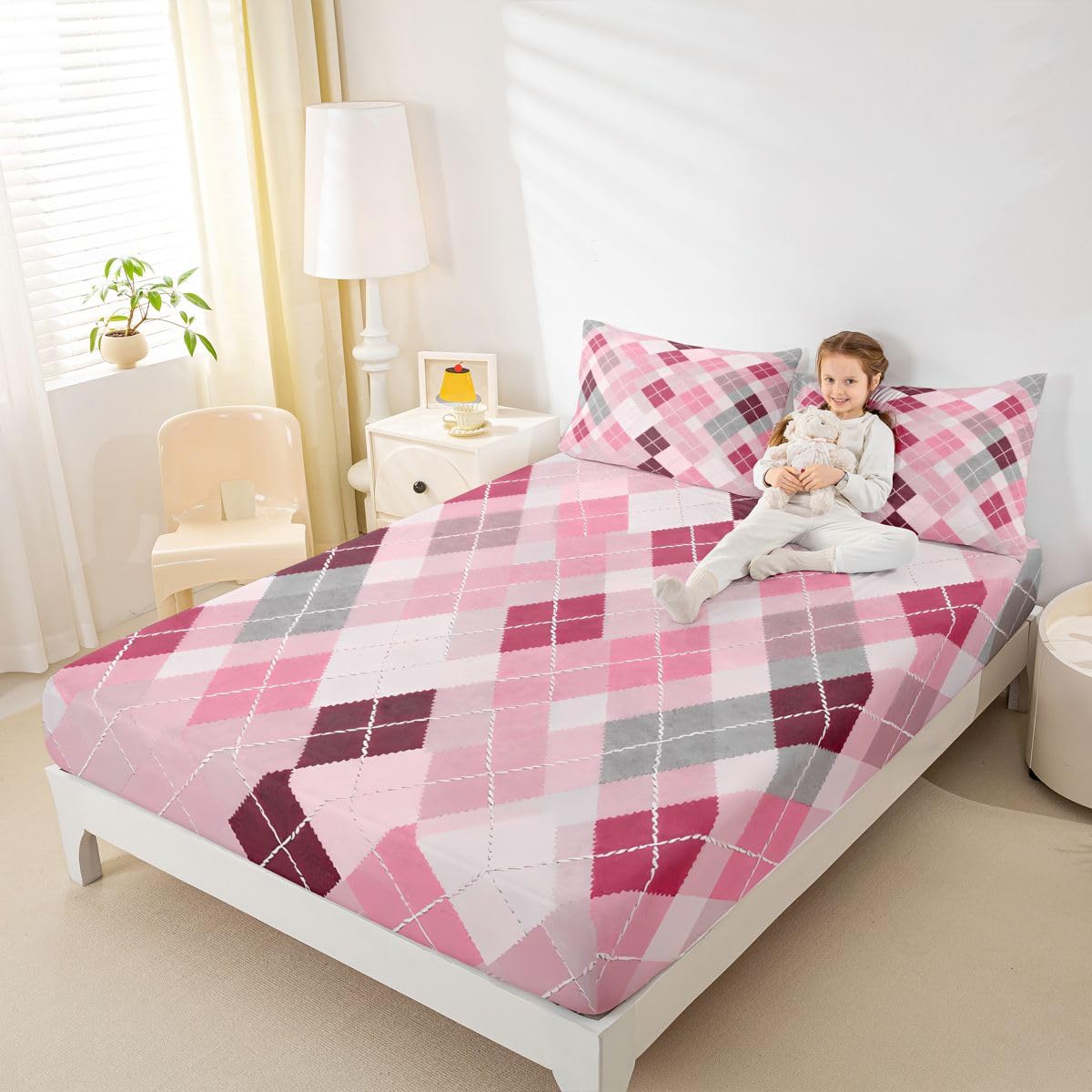 jejeloiu Traditional Argyle Pattern Fitted Sheet with 1 Pillowcase Twin Size Plaid Bed Sheets Set 16" Deep Pocket Boys Girls Pink Checkered Striped Classical Bedding Teens Bedroom Breathable Soft