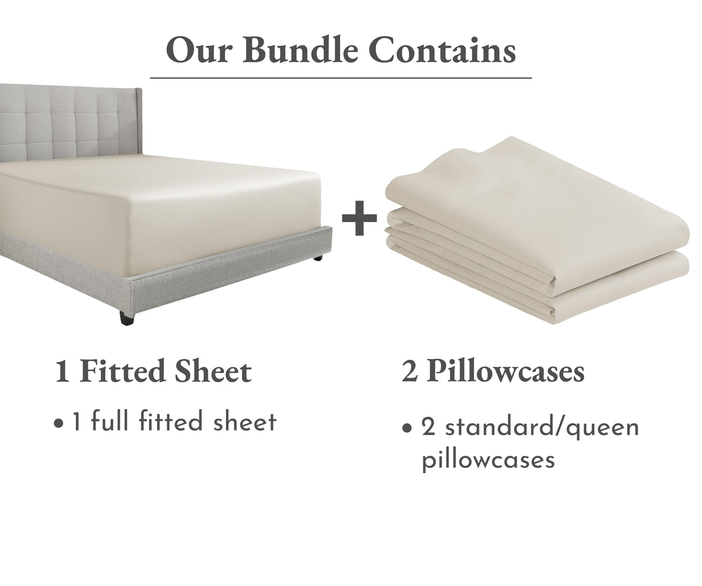 Bedding Bundle - Full Fitted Sheet with 2 Pillowcases, 600 Thread Count 100% Cotton Sateen (Ivory - Creamy Beige Tone)