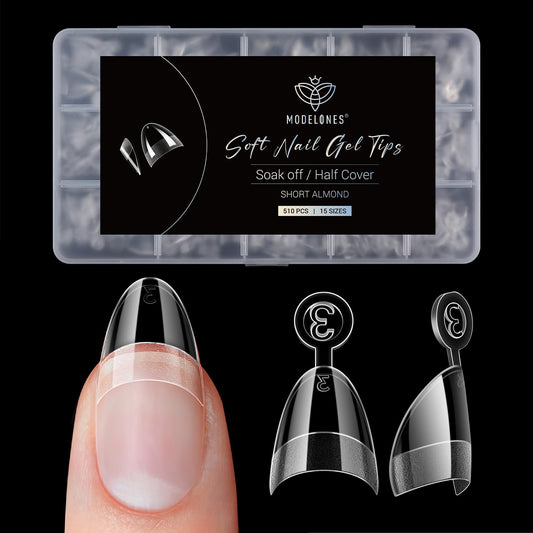 Modelones Short Almond Nail Tips - 510Pcs Half Cover Fake Gel Tips Pre-shaped Clear Acrylic Gel Kit False Extra Short Press on Nails for Extension DIY Salon 15Sizes