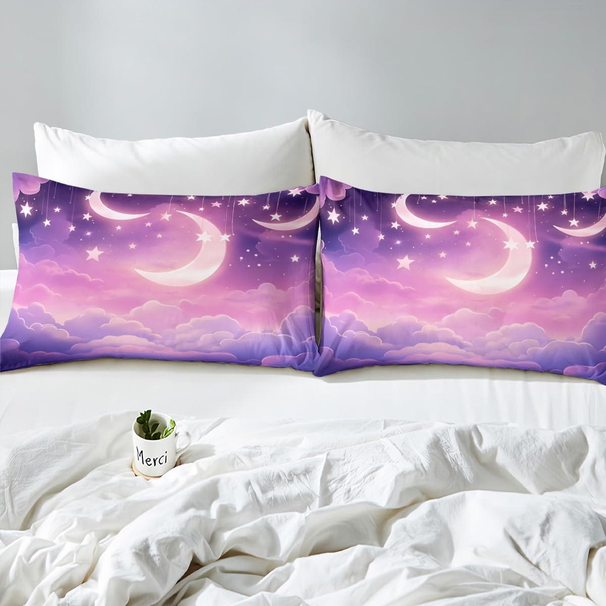 Moon Night Kids Fitted Sheet Full Size,Glitter Starry Sky Galaxy Dreamy Bedding Set,Boys Girls Room Decor,Moon Clouds Bed Cover,Purple Romantic Bed Sheet,2 Pillowcases