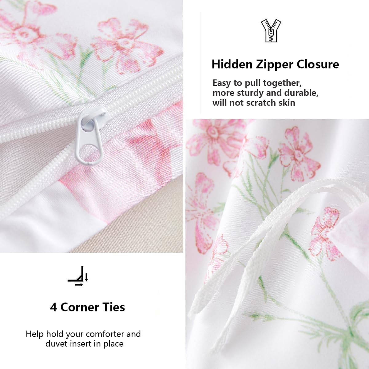 Sedefen Floral Duvet Cover Set Queen Size, 3 Pieces Pink Bow Bedding Set with Cute Heart Pattern, Romantic Spring Botanical Flower Soft Microfiber Duvet Cover for Kids Girls Bedroom & Princess Decor