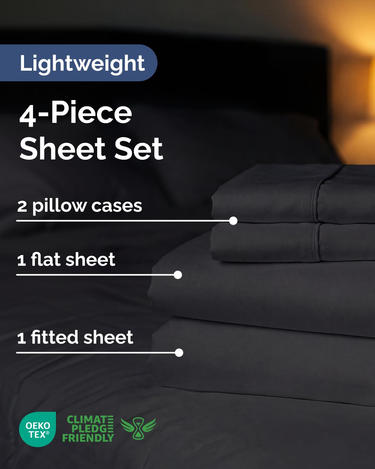 Lightweight 4 Piece Bed Sheet Set Queen Size - Cooling Sheets for Hot Sleepers - Soft Breathable Bedding Set w/ 8-16 Inch Deep Pockets - 1 Flat & 1 Fitted & 2 Pillowcases - Wrinkle Resistant - Black