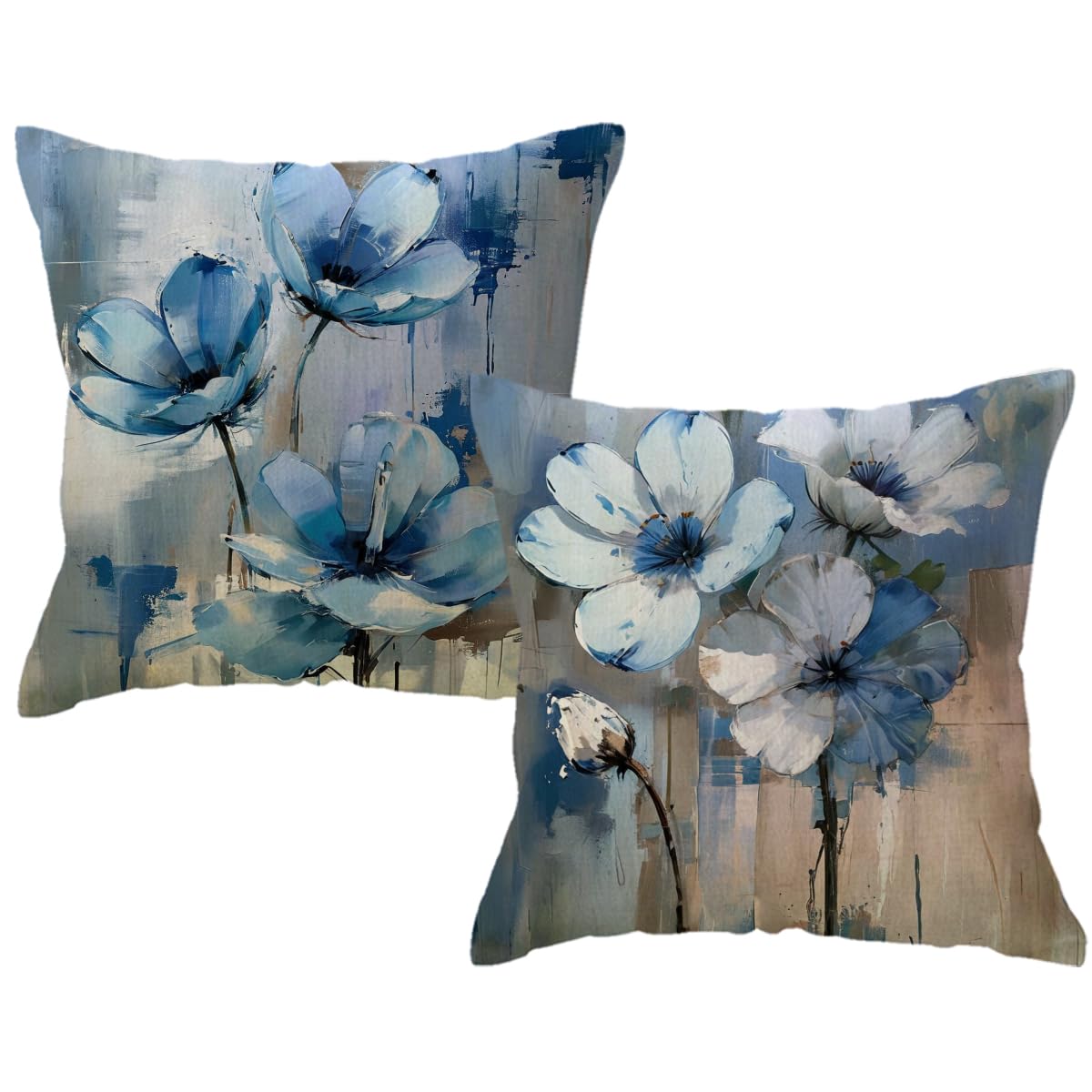 ULOVE LOVE YOURSELF 2Pack Flowers Decorative Pillow Covers Modern Blue Poppy Design Cushion Covers Oil Painting Pretty Floral Pillowcases 18 x 18 Inch Farmhouse Spring Summer Decorations (Blue)