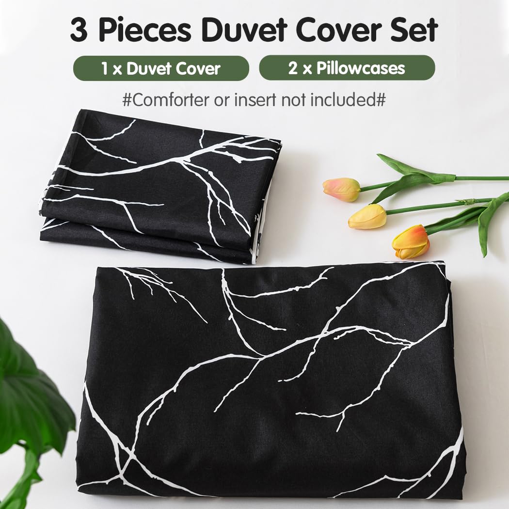Lekesky Reversible Duvet Cover King Size, Black White Branch Comforter Cover King 3pcs Microfiber Botanical Bedding Set with Zipper Closure Corner Ties