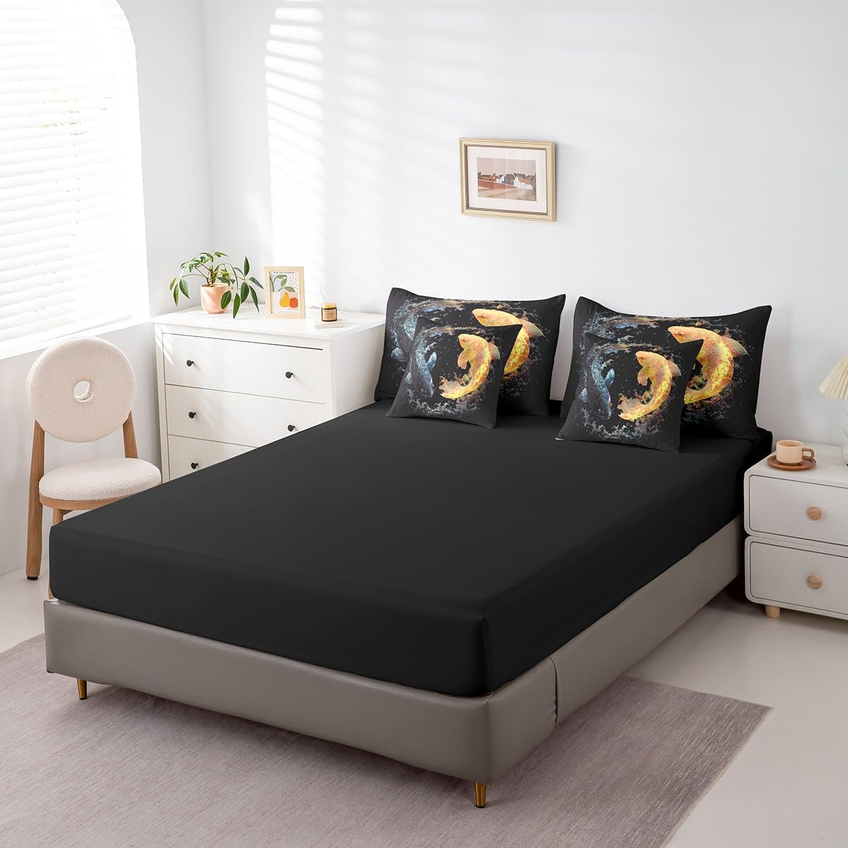 Erosebridal Teal 3D Fish 7 Pcs Comforter Set Queen Size,Fish Scales Wildlife Bed in a Bag with Flat Sheet and Fitted Sheet for Kids Teens Adult,Hunting Bedding Set with Pillowcase and Sham Reversible