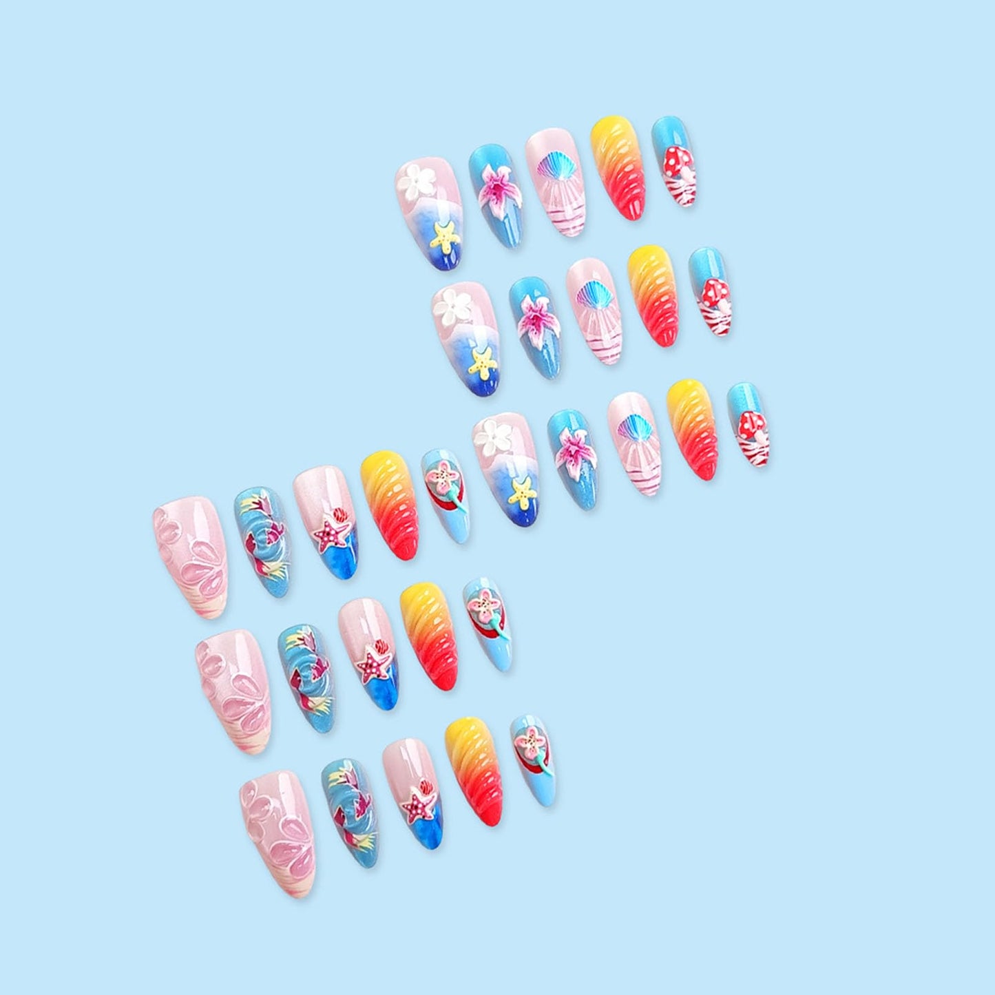 RUOKEXIN Almond Press on Nails French Tip Fake Nails Beach False Nails with 3D Flower Shell Designs Medium Nail Press ons Summer Sparkly Artificial Nails for Women 30Pcs