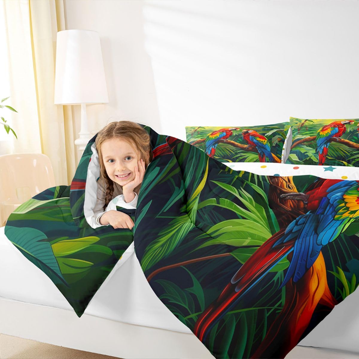 Manfei Parrots Comforter Set 2Pcs Tropical Palm Leaves Twin Size Bedding Set Natural Wildlife Duvet Insert for Kids Boys Girls Adult Room Decor(1 Comforter,1 Pillowcase) Jungle Wild Animals