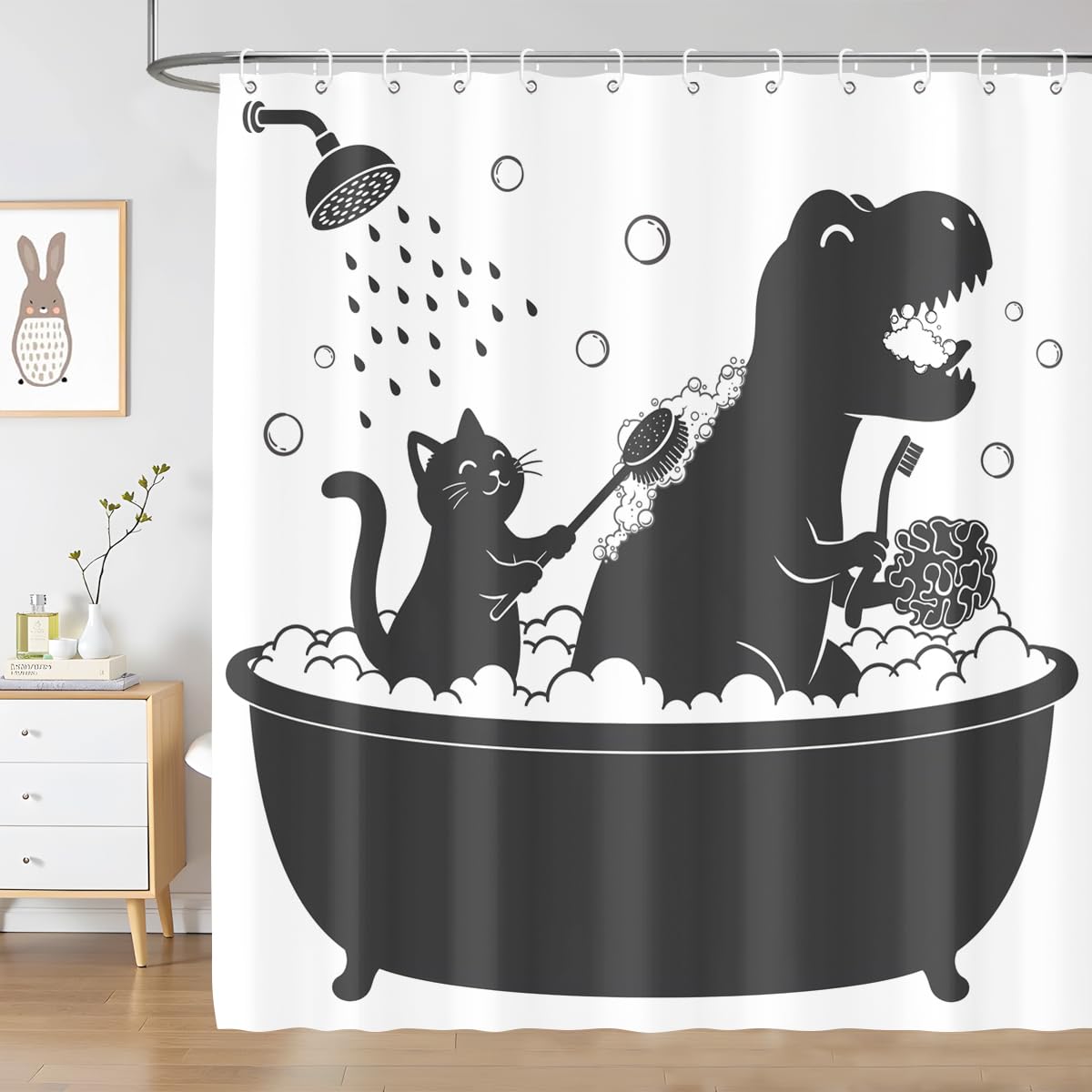 BIYSUC Dinosaur Shower Curtain Funny Dino Cat for Kids Boys Trex Silhouette Animal Shadow Cartoon Black White Bathroom Waterproof Polyester Fabric 72Lx72W Inch with Hooks