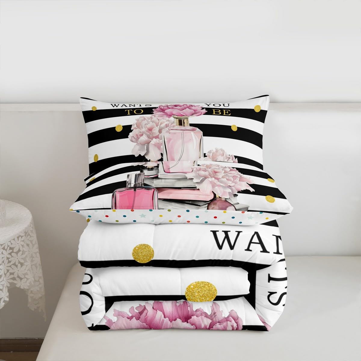Erosebridal Pink King Bedding Set for Girls Kids Teens Girly Boho Fashion Preppy Cute Comforter Geometric Modern Black and White Stripe Duvet Insert Women Perfume and Book Coquette Bow Quilt