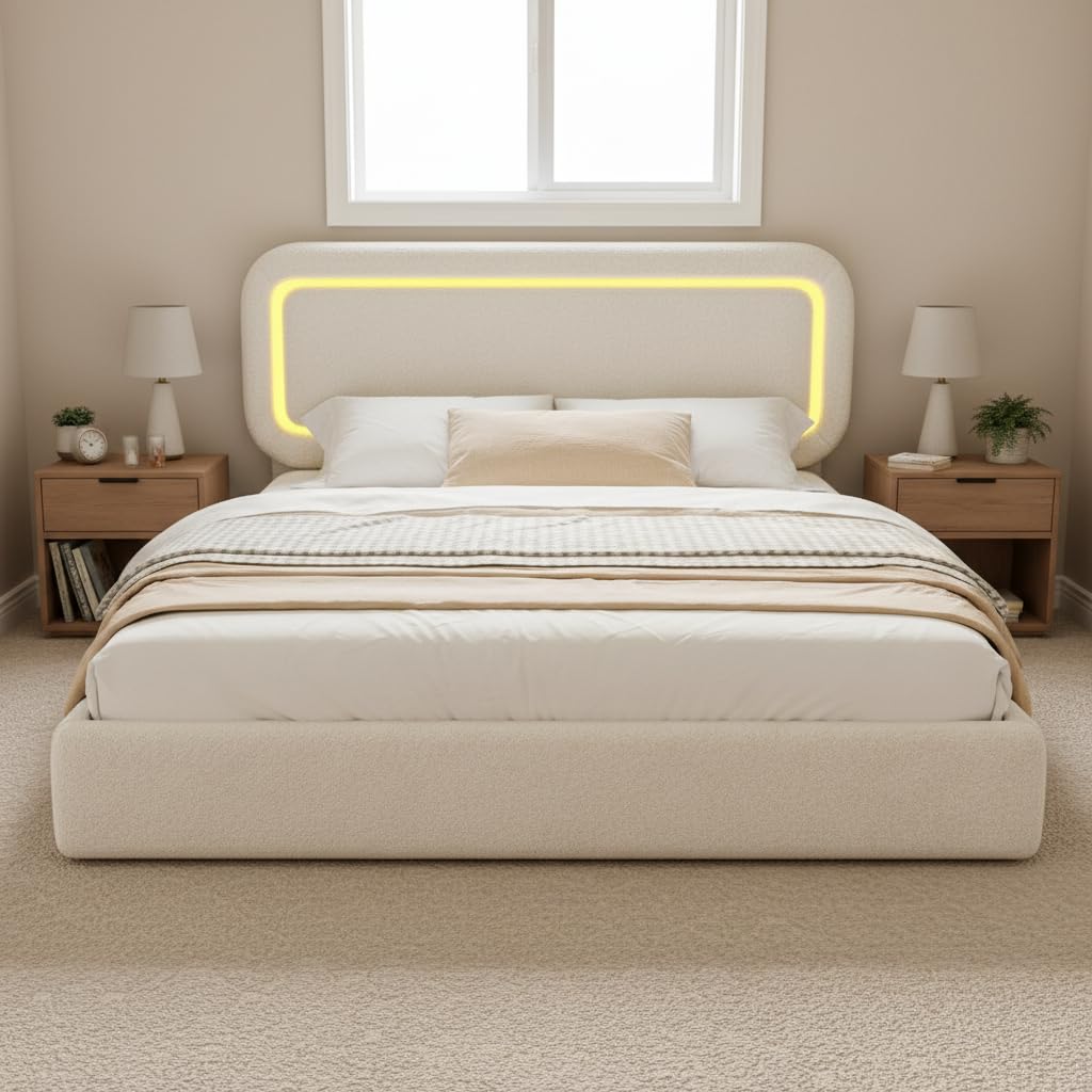 Homkdom Upholstered Full Size Bed Frame with Led Lights,Boucle Full Bed Frame,Soft Bed Frame Full with Headboard,Anti-Collision Round Corners,No Box Spring Needed,Modern,Cream White