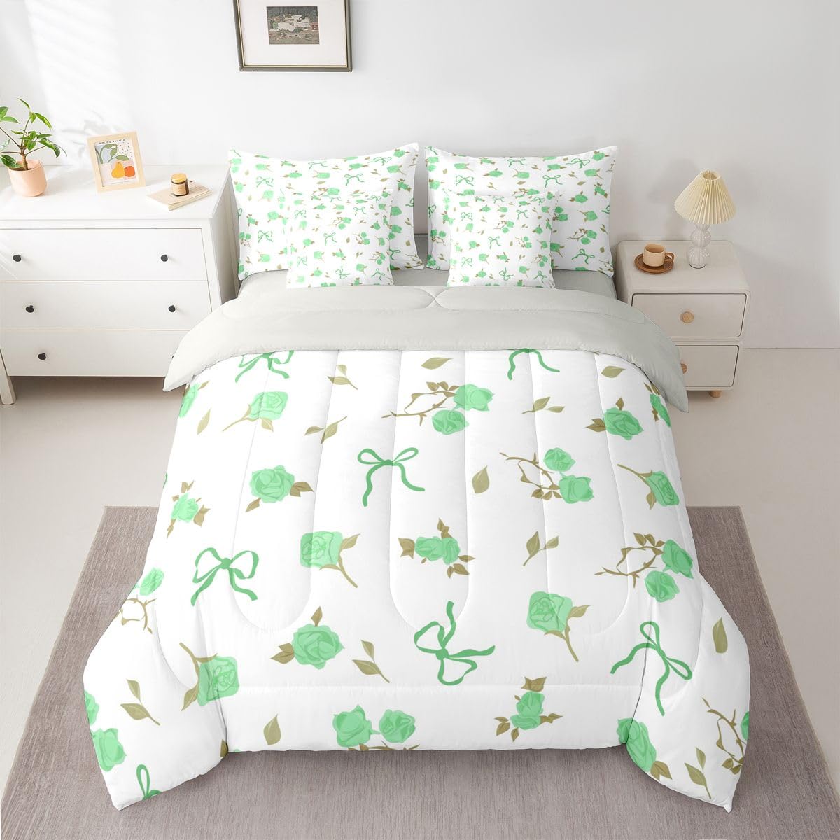 Erosebridal Coquette Bowknot 7 Piece Bedding Set Full Girly Bow Tie Comforter Set with Sheets Bowtie Rose Floral Bed in A Bag Kawaii Bow Decor Bed Sets with 2 Pillowcases, 2 Throw Pillow Covers