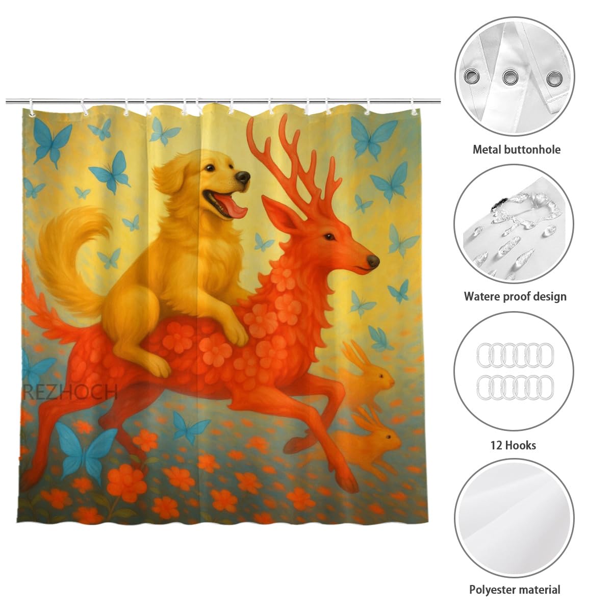 REZHOCH Cute Deer Shower Curtain Golden Retriever Fantasy Animal Butterfly Flower Durable Waterproof Fabric Bathtub Sets All Season Home Bathroom Decoration 72x72inch with 12 Hooks
