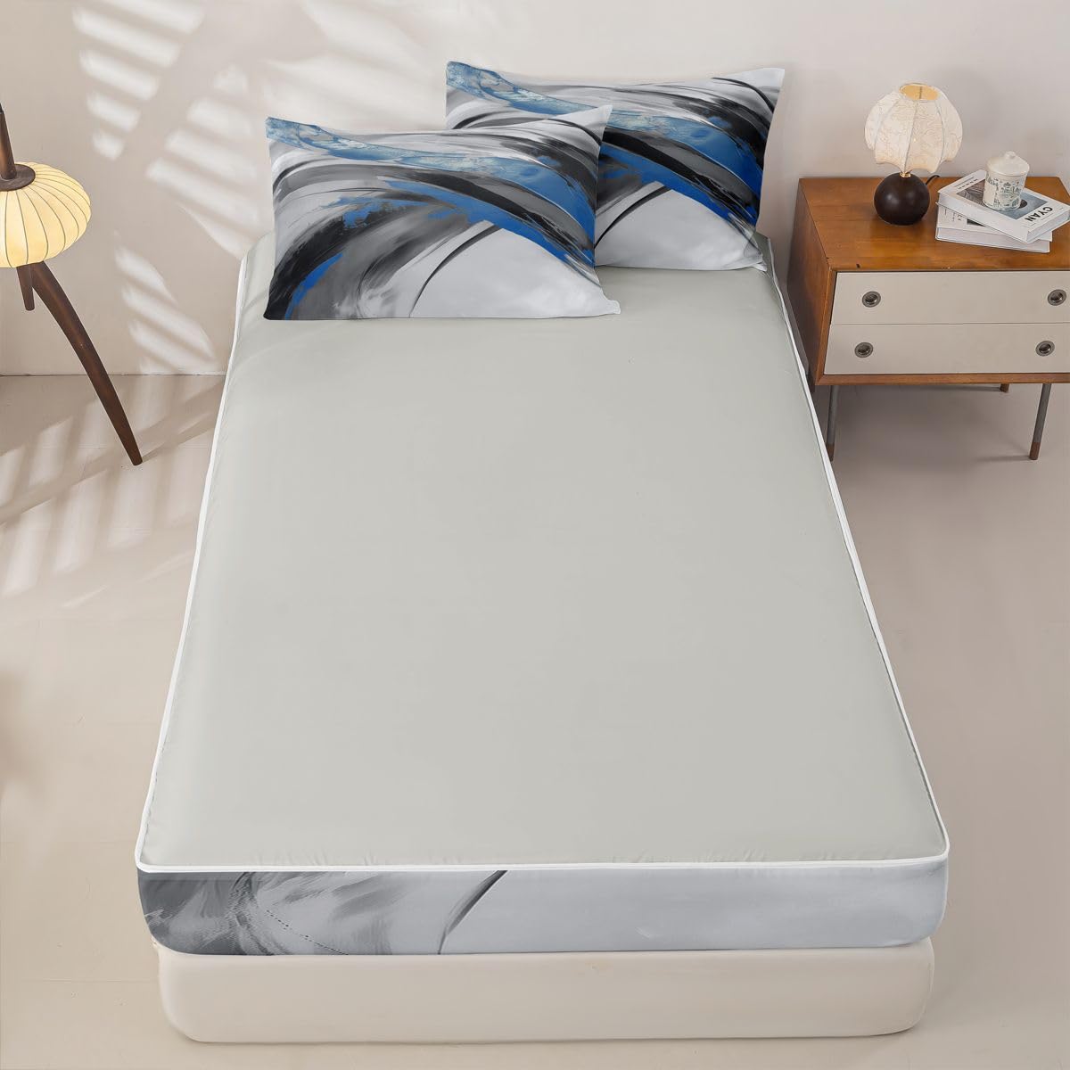 jejeloiu Blue Black Grey Abstract Zipper Bedding Twin Modern Art Bedding Sets for Kids Boys Girls Abstract Art Comforter Set with Fitted Sheet 2 Pillowcases Luxury One Zipper Bed Set for All Seasons