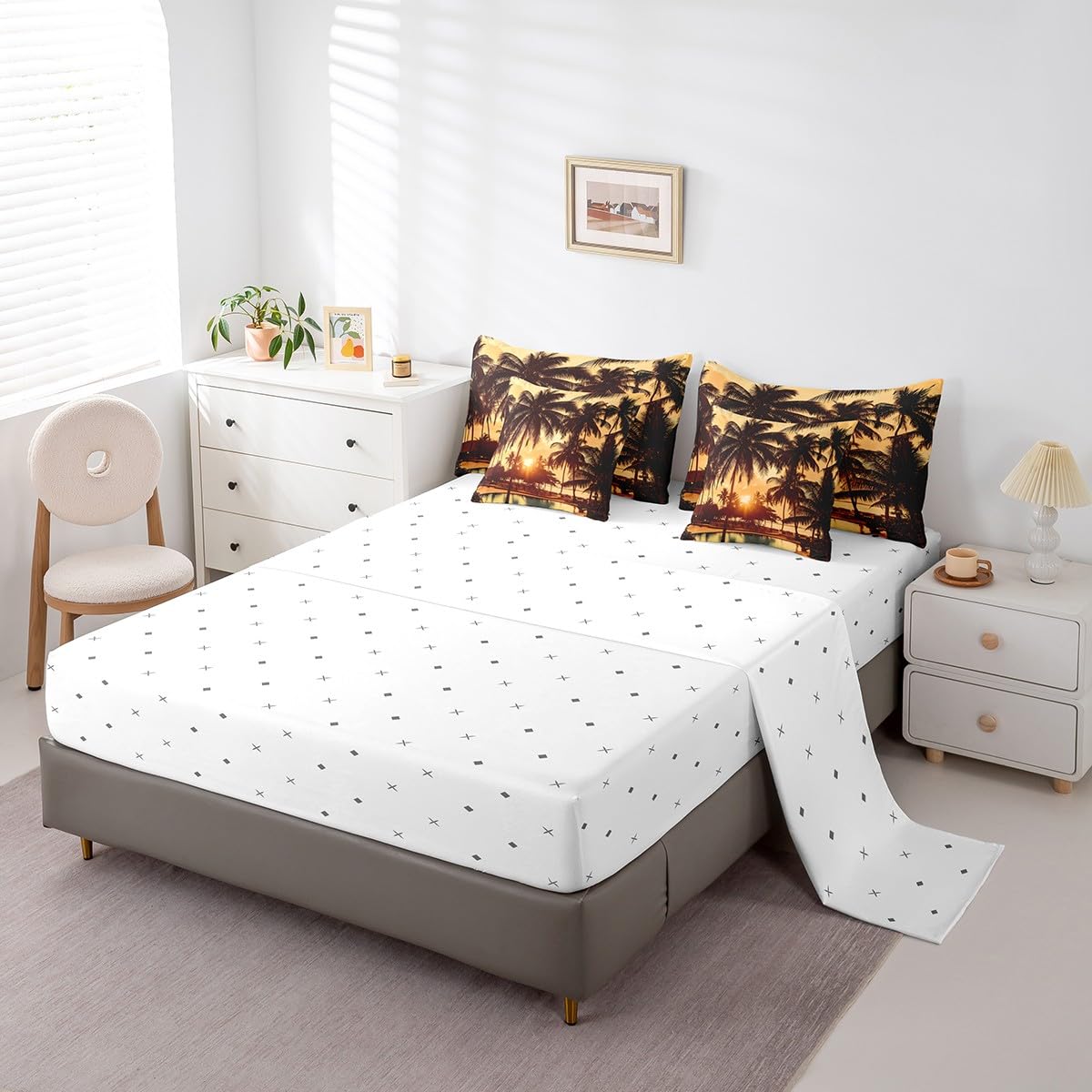 jejeloiu Palm Tree Comforter Set 7 Pieces Full Size Kids Palm Leaf Bed in a Bag for Boys Girls Hawaiian Tropical Island Bedding Set Summer,Comforter + Sheets + Pillowcases + Cushion Covers