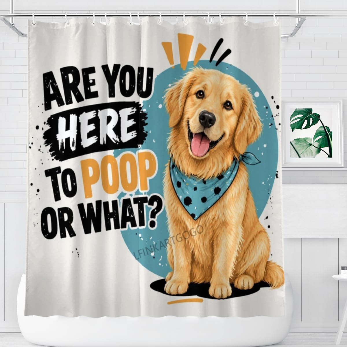 LFINKARTGOGO Funny Golden Retriever Shower Curtain 72x72 with 12 Hooks are You Here to Poop or What Waterproof Washable Polyester Bath Curtain for Home Hotel Decor