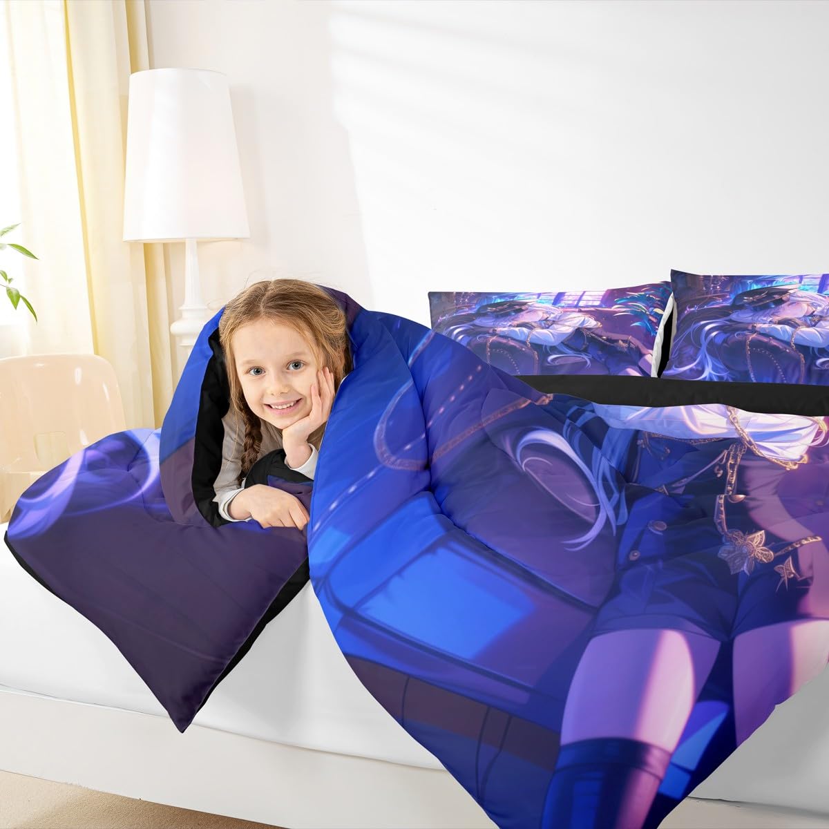 Erosebridal Japanese Anime Comforter Set,Cartoon Uniform Girls Bedding for Boys Teen Bedroom Decoration Cute Japanese Cartoon Full Size Duvet Set, Anime Aesthetic Art Quilt with 2 Pillowcases