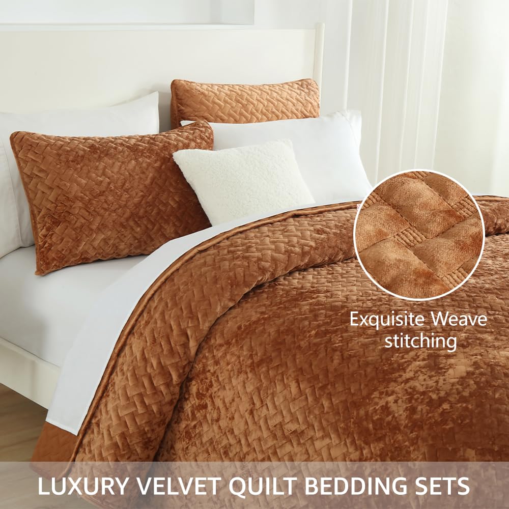 Liians Velvet Bedspread Quilt Bedding Sets,Luxury Elegant Ultra Soft Velvet Comforters Coverlet Blankets,Weave Stitching Pattern Cotton Quilted Bedspread for All Seasons,Caramel,King Size