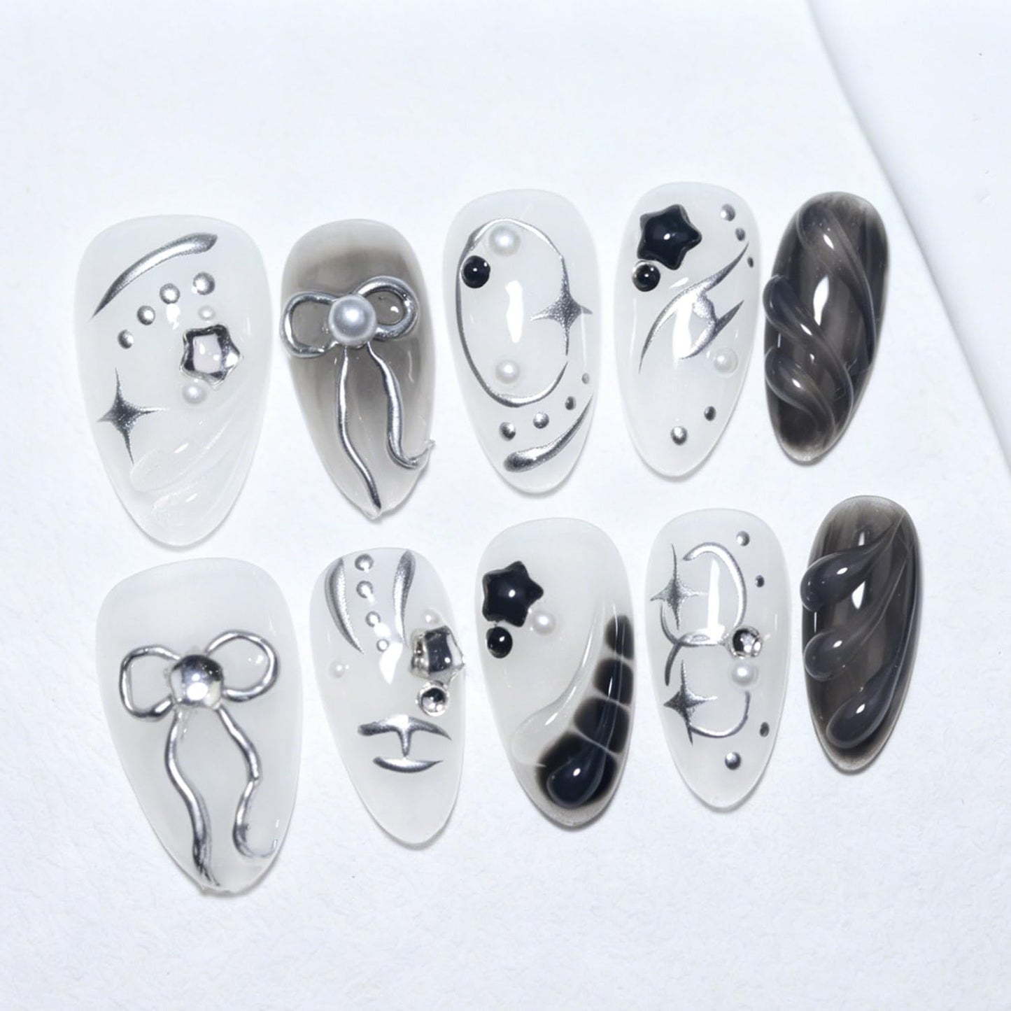 EasierGlow 10 Pcs Handmade Short Almond Press On Nails - Easy Apply & Remove, Reusable & Salon Quality | Y2K Gothic Black & White Press Ons with 3D Bow, Star & Swirl Sculpted Accents (UO02, S)