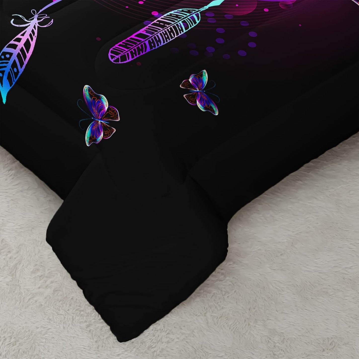 AILONEN Neon Love Comforter Set Queen Size, Valentine Gift Crystal Purple Butterfly Plume Design Bedding Set,Black and Purple Bedroom Decor Print Quilt 3Pcs (1 Comforter+ 2 Pillowcases)
