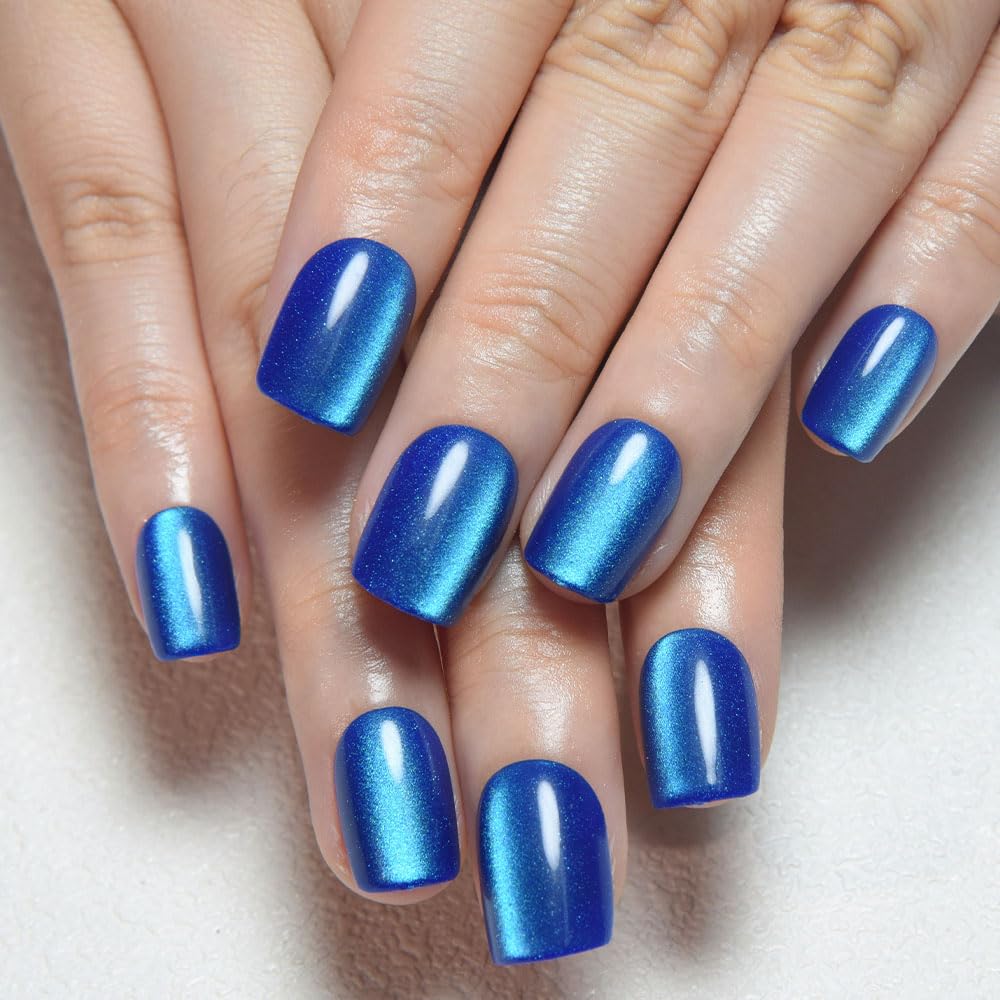 evpct Blue Cat Eye Extra Short Square No Glue Press on Nails, Petite Short Square Stick on Nails for Women Gift, Blue Glossy Glitter Fake Nail Reusable, Soft Press on Acrylic False Nail with Designs