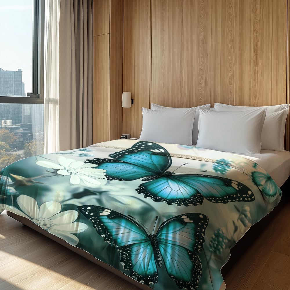 HUNXIAOJ Butterfly Throw Blanket for Women Butterfly Floral Blanket Romantic Gifts Warm Soft Flannel for Girls Boys Women Teens Adults Bed Sofa Couch (50 in x 60 in)